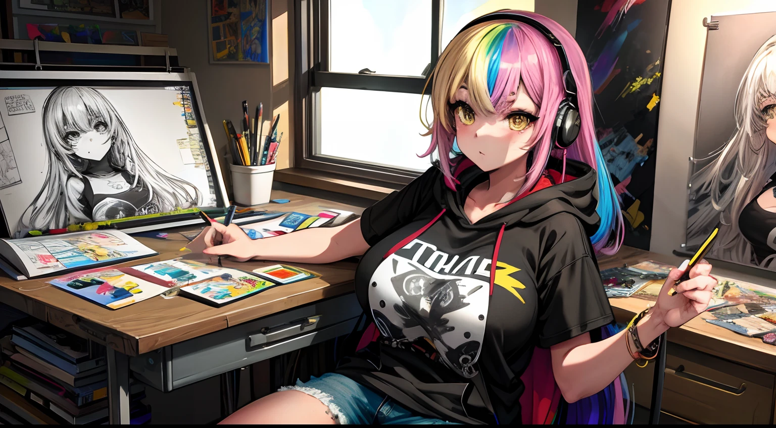 A beautiful and sexy artist girl, rainbow colour hair, Yellow eyes, Wear headphones, Hoodie, Graphic T-shirt and ripped jeans, Gigantic big tits, Pubic Area Showing,, Sit at her drawing table, Draw a highly detailed pencil sketch of a superhero on her sketchbook, In the art studio, highly detailed back ground, Perfect masterpiece, High quality, high resolution,There is a handmade bracelet on the tabletop