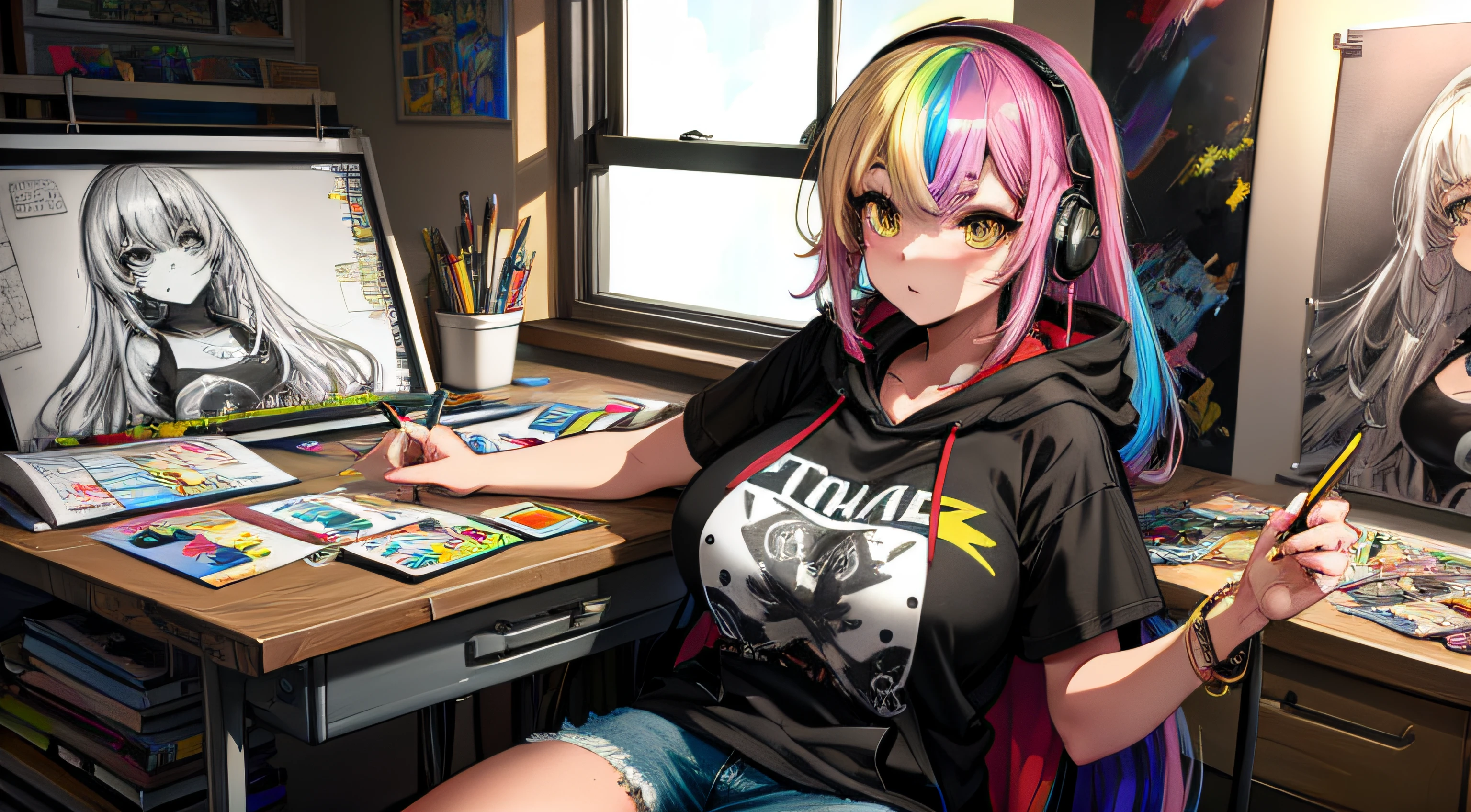 A beautiful and sexy artist girl, pink hair, blue eyes, wearing headphones a hoodie graphic t-shirt and torn skinny jeans, huge gigantic tits, cleavage showing, tons of tattoos and piercings, sitting at her drafting table, drawing a pencil sketch of a highly detailed super hero in her sketch pad, in an art studio, highly detailed background, perfect masterpiece, high quality, high resolution