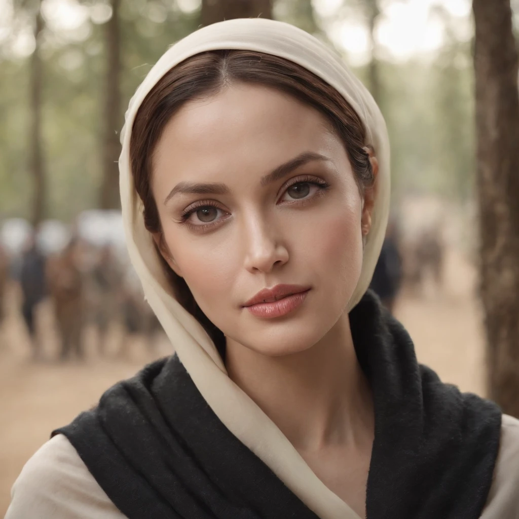 realistic ,masterpiece, best quality, girl, young angelina jolie, hijab, covered hair, covered clothes, portrait, photo_light, {{}}, ulzzang-6500-v1.1:0.8