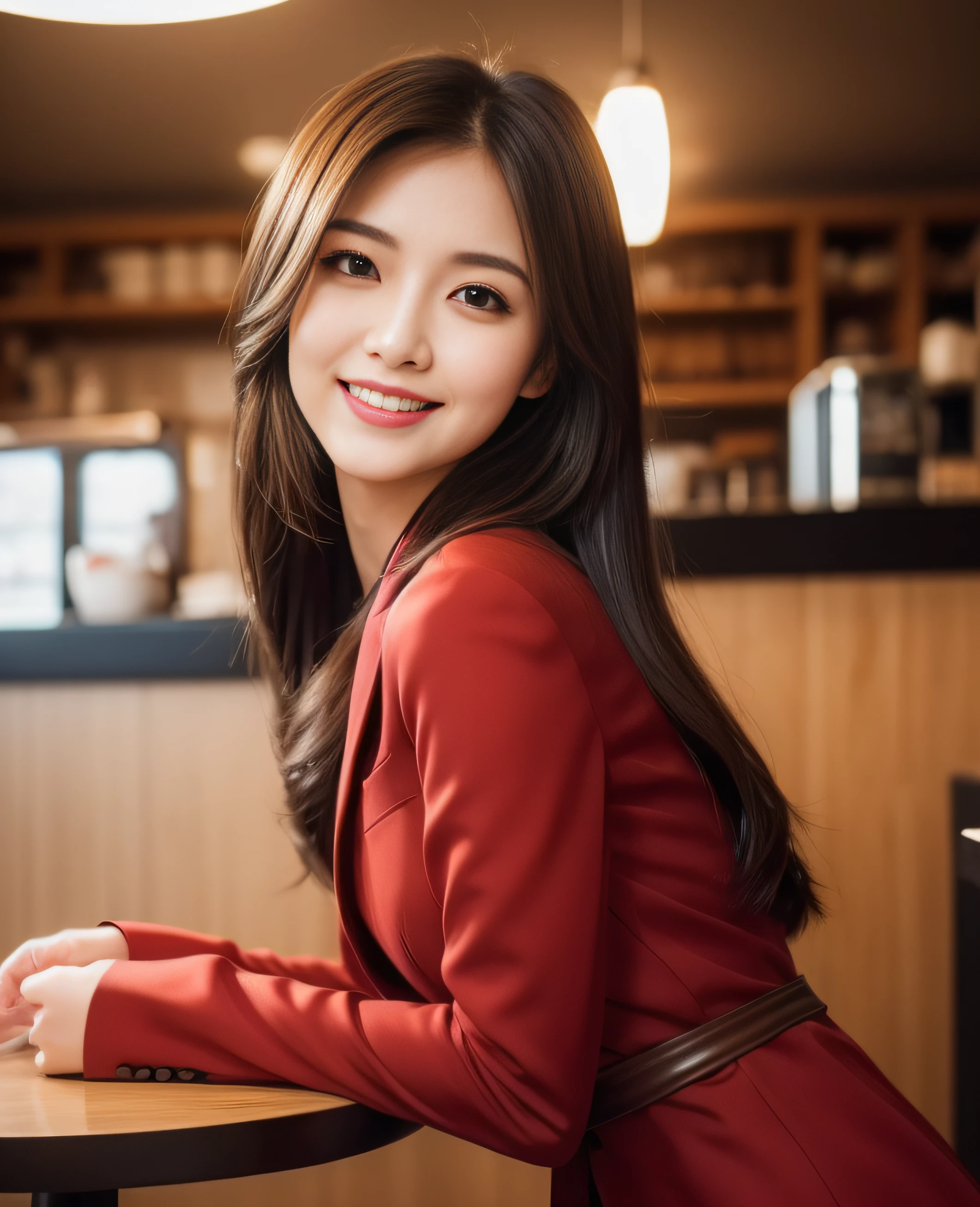 ((Top quality, 8K, Masterpiece: 1.3)), Beautiful girl, Pure, Melon face, Kind and cute, Sweet smile, Pure desire, Slender body, (Front), (Tilted head), ((Looking at camera) ), wearing a vermilion colored suit, black silky long hair, long flowing shoulders, round black big eyes, clear big eyes, moist red lips, sweet, sitting on a chair, cafe background ,(((waist shot))),,