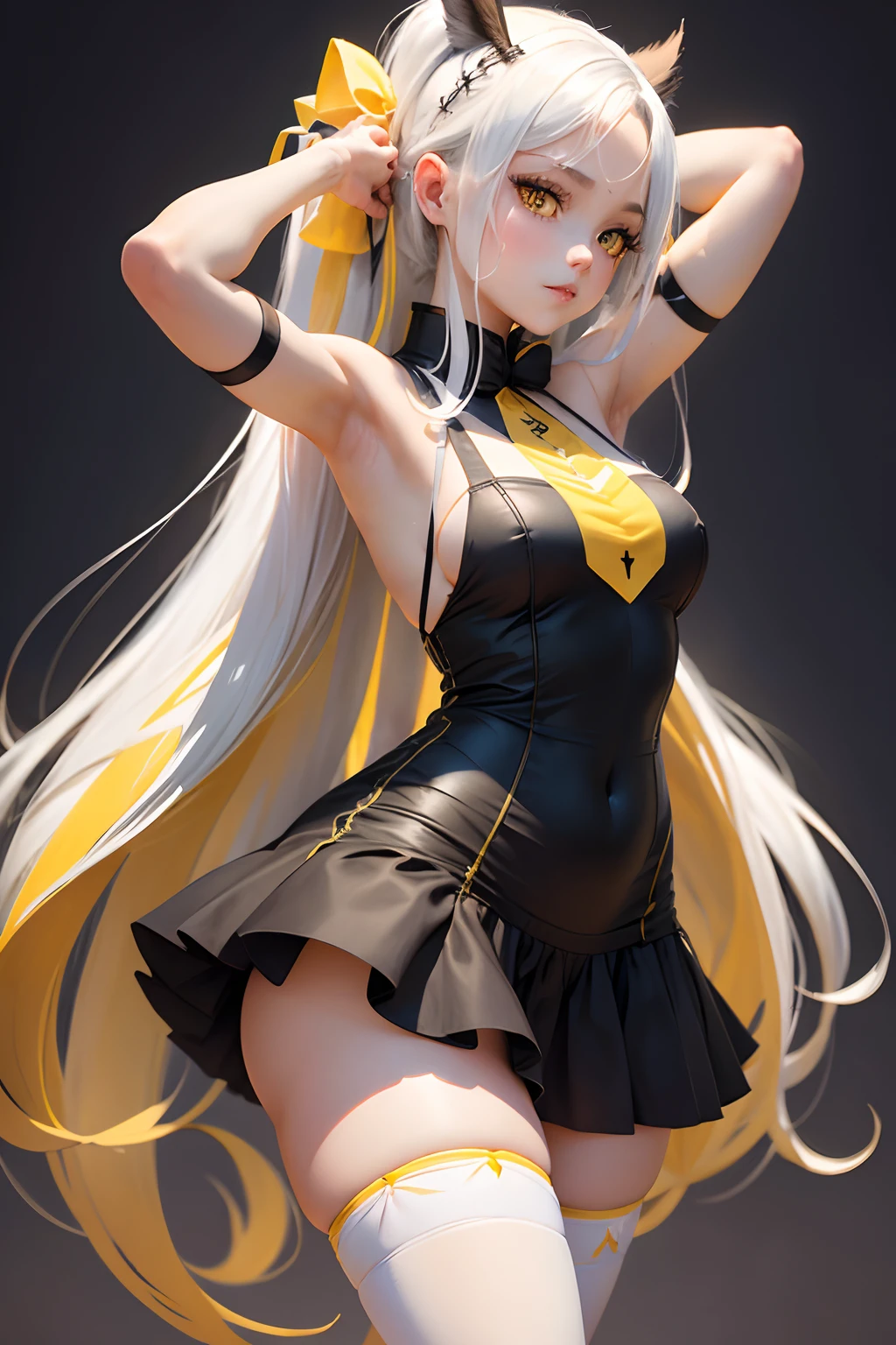 Obra maestra, best quality, adult, long_black_tail_hair, 1girl, , white_skin, yellow_eyes, (waifu_girl), armpit, big_legs, long_socks_thighs, shorts_dress, big_hips, ribbon_hair, stand, half_smile.