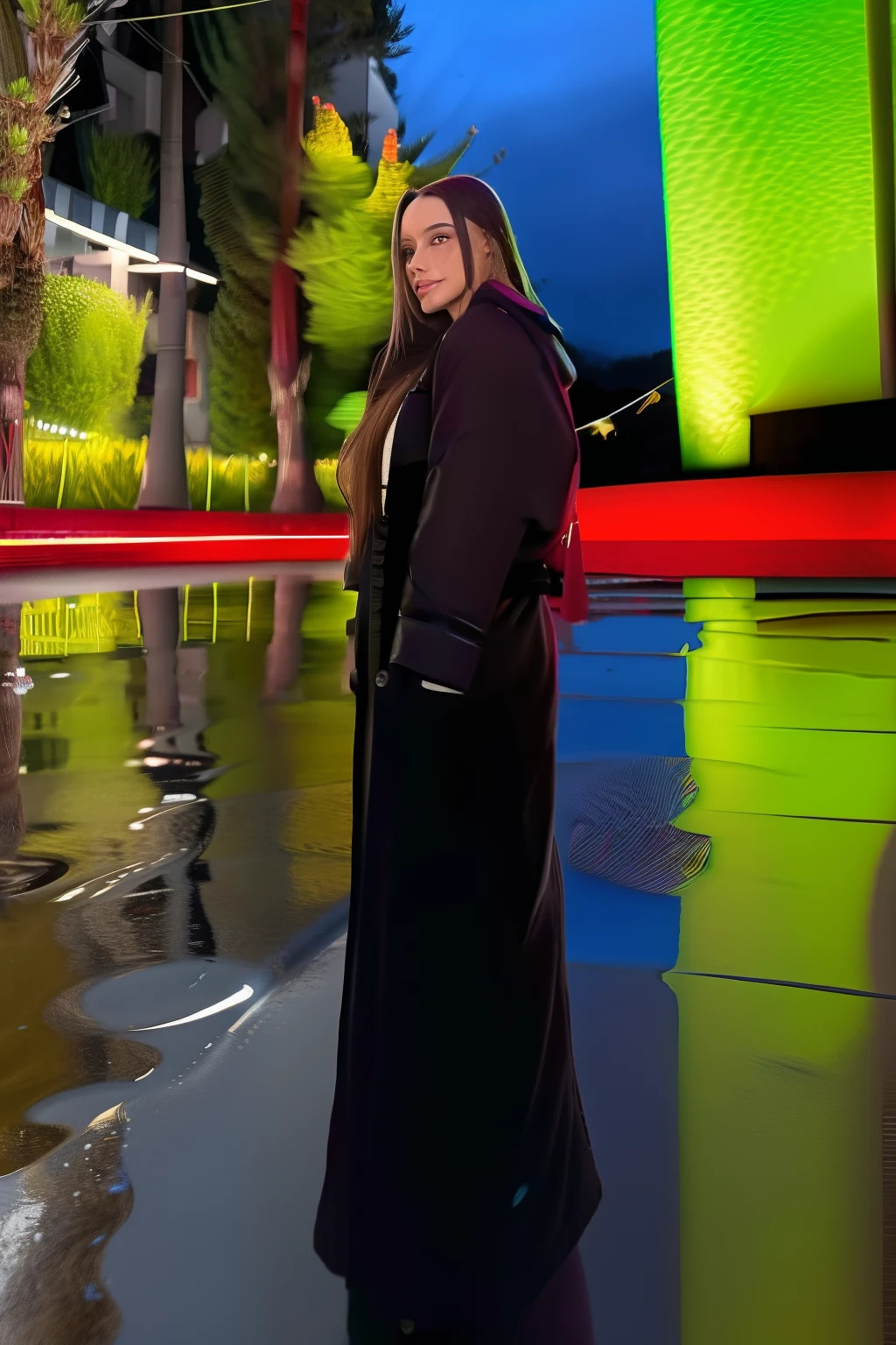 Dasha, realista, chaqueta, Lloviendo, lluvia, Noche, al aire libre, (Wet:1.1), Mirando al espectador,