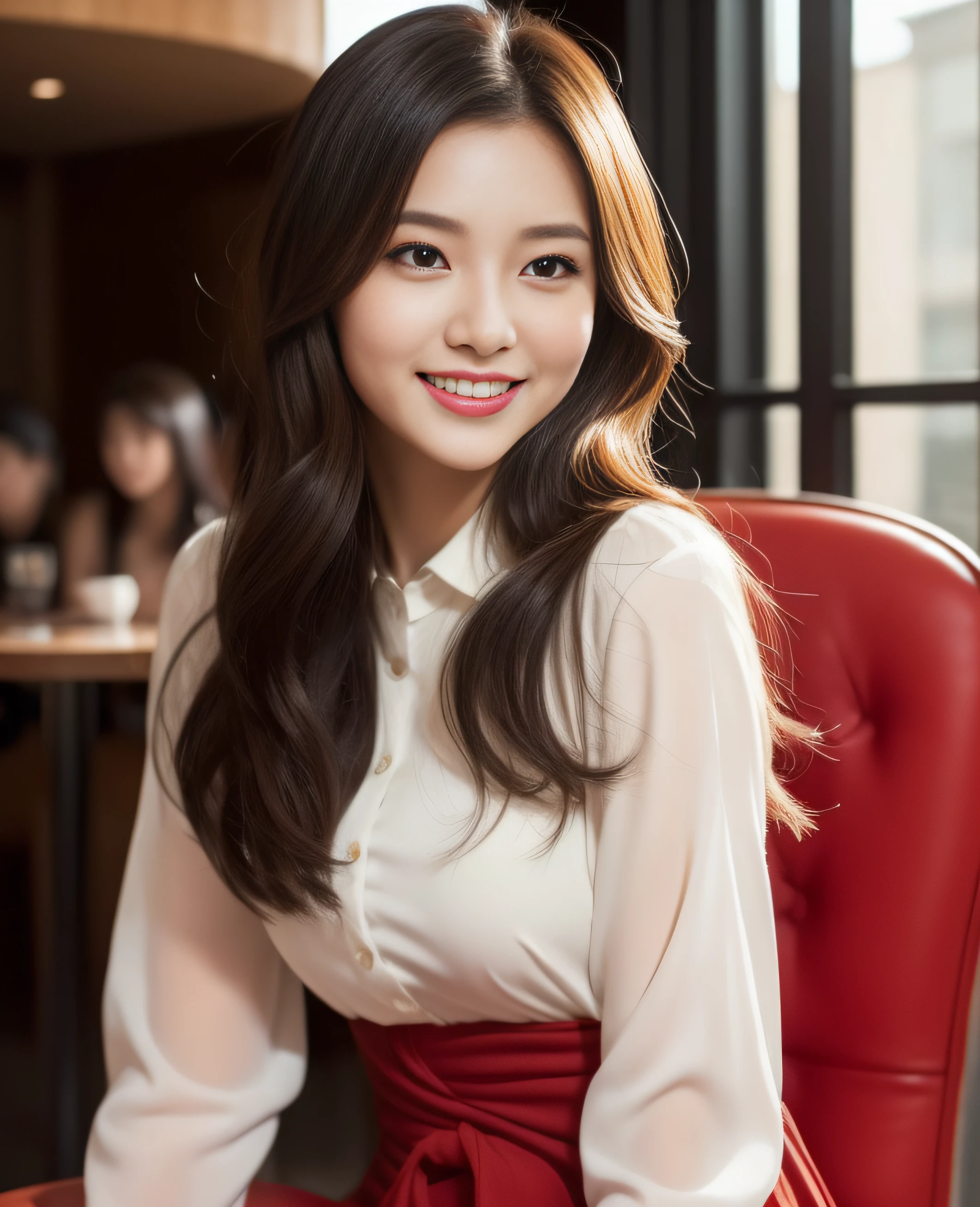((Top quality, 8K, Masterpiece: 1.3)), Beautiful girl, Pure, Melon face, Kind and cute, Sweet smile, Pure desire, Slender body, (Front), (Tilted head), ((Looking at camera) ), wearing a vermilion colored suit, black silky long hair, long flowing shoulders, round black big eyes, clear big eyes, moist red lips, sweet, sitting on a chair, cafe background ,(((waist shot))),,