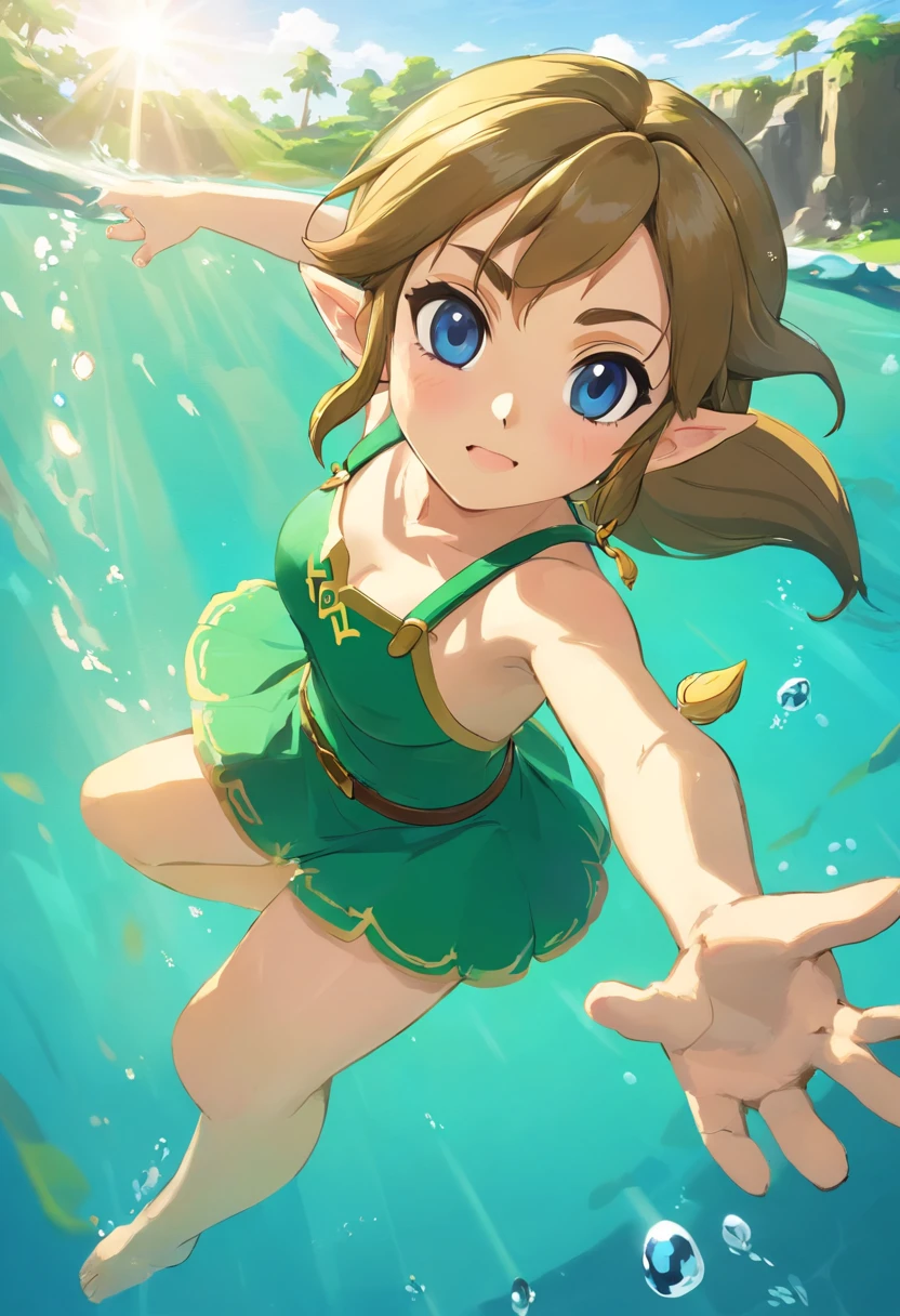 foreshortening, profundidade de campo, master part, best quality, 1girl, brown hair, olhos castanhos, Cabelos Longos, underwater, bolha de ar, sozinho, Olhando para o Viewer, school school swimsuit, swimming, luz solar fraca,Corpo voluptuososeios enormes,Novo, sexy girl