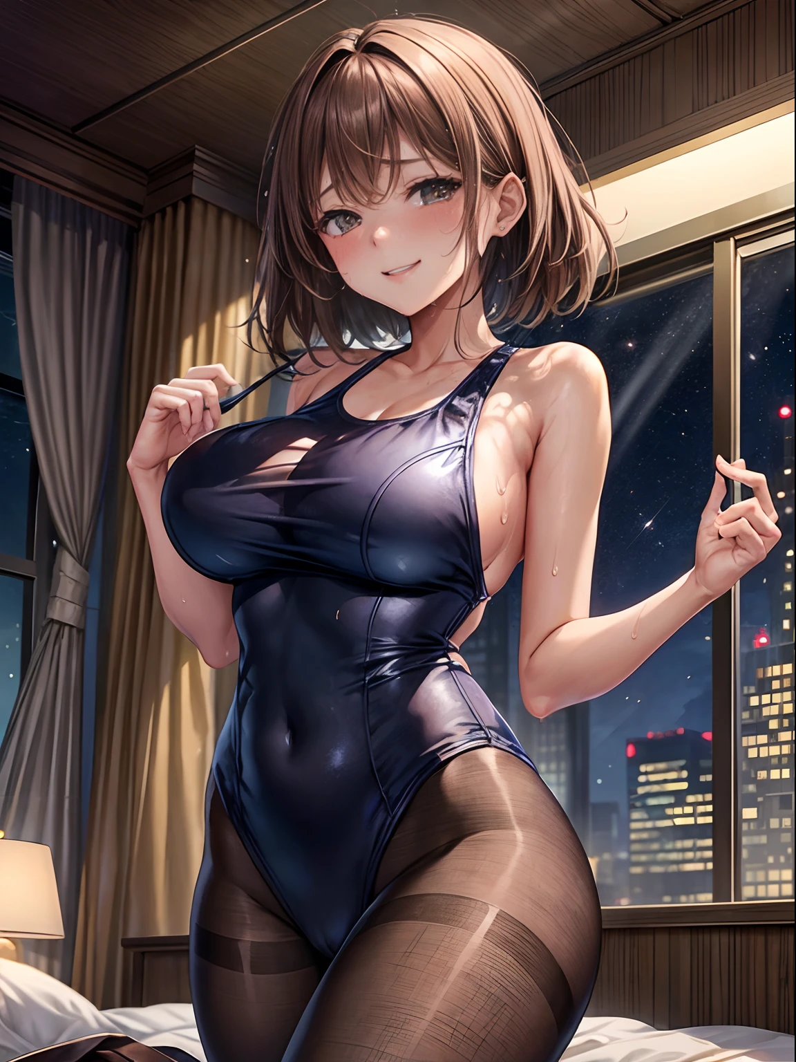 top-quality、Full limbs、complete fingers、one beautiful women、Slender woman、(Beautiful Large Breasts:1.2)、Hair is about shoulder length、Medium hair、straight haired、brown haired、((Navy blue school swimsuit、Brown pantyhose))、A big smile、Rooms on the upper floors of tower apartments、Luxurious bedroom、Luxurious king-size bed、lying on the bed、Glass room、nighttime scene、((night skyscraper))、Naughty atmosphere、(Sweating:1.5)