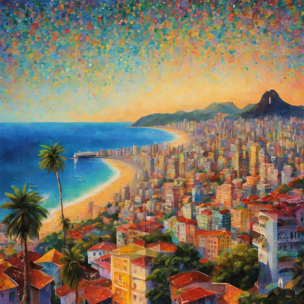 Foco suave, Aquarela gradiente brilhante, sonhador, fundo branco, garota, cafes, Praia de Copacabana, Sugar Loaf, corcovado, Favela no Morro.