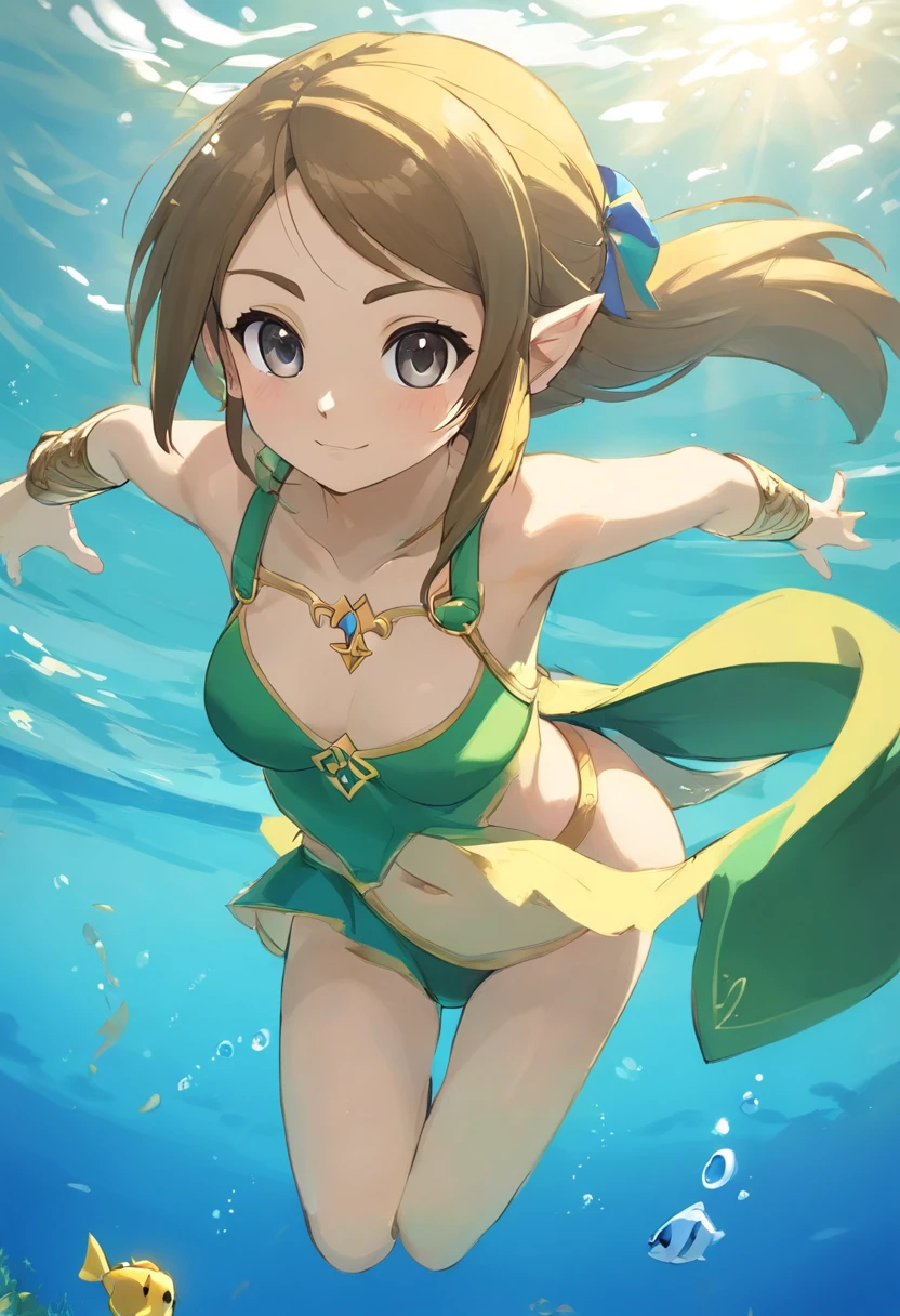 foreshortening, profundidade de campo, master part, best quality, 1girl, brown hair, olhos castanhos, Cabelos Longos, underwater, bolha de ar, sozinho, Olhando para o Viewer, school school swimsuit, swimming, luz solar fraca,Corpo voluptuoso,seios enormes,Novo