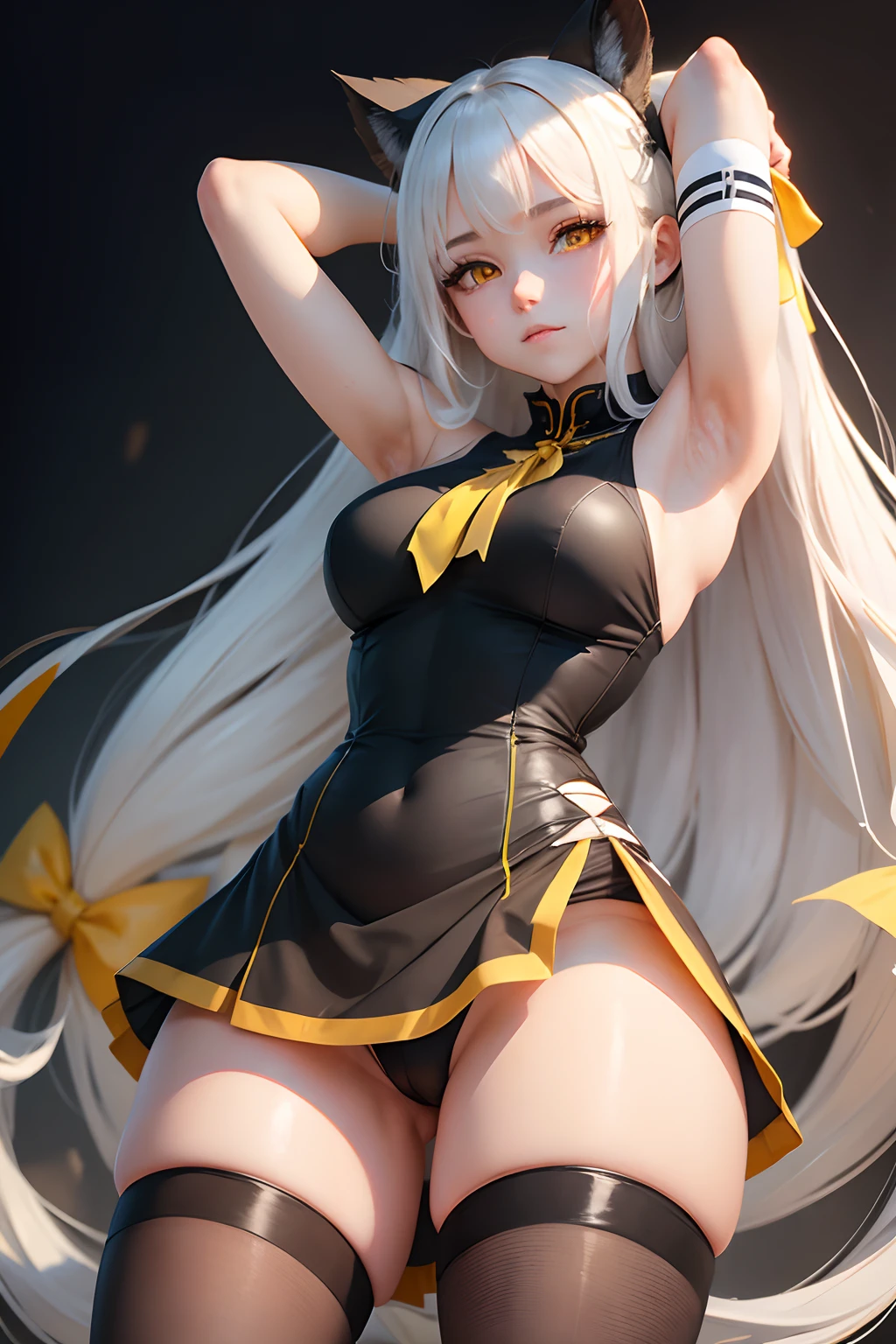 Obra maestra, best quality, adult, long_black_tail_hair, 1girl, , white_skin, yellow_eyes, (waifu_girl), armpit, big_legs, long_socks_thighs, shorts_dress, big_hips, ribbon_hair, stand, half_smile.