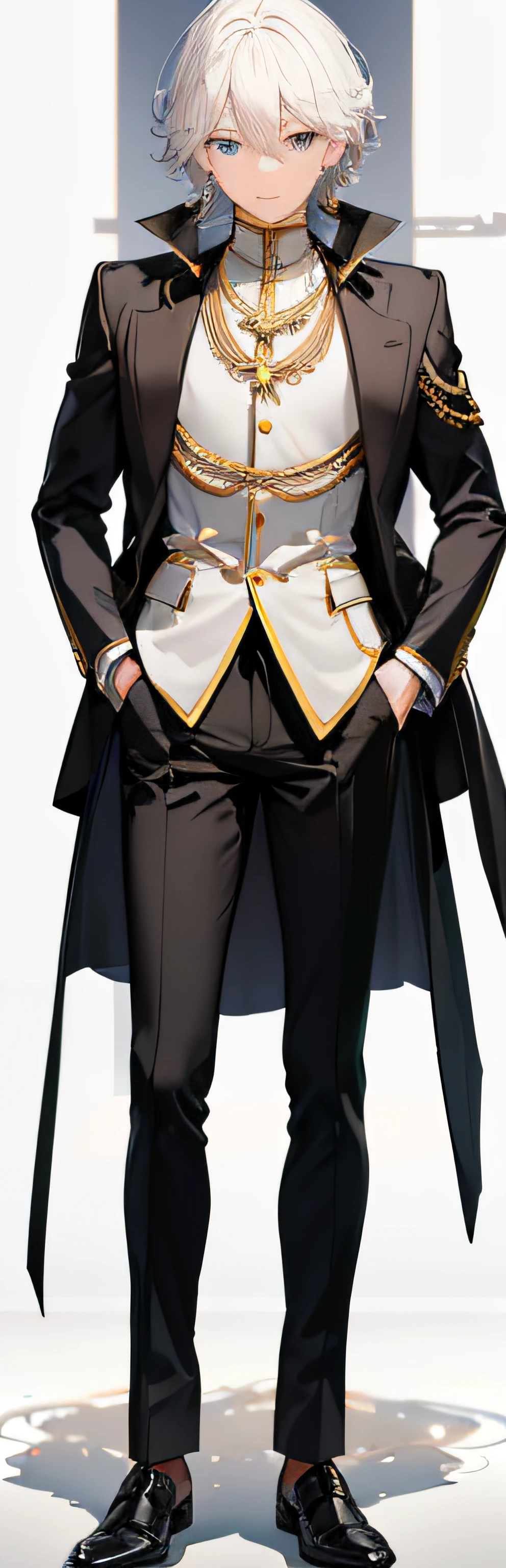 Full-body Vtuber, Full-body portraits, Looks clear., The best quality masterpiece, masculine, looking at the audience, Stand and look straight at the audience., single, Blue Eyes, Pastor's uniform, White Hair, Cross necklace, Full-body portraits, ((10 , raw photograph, top-quality, master-piece), professional foto, (best shadows), ultra-high resolution, cinematic light, High profile CG including 8K wallpapers, Whole body,