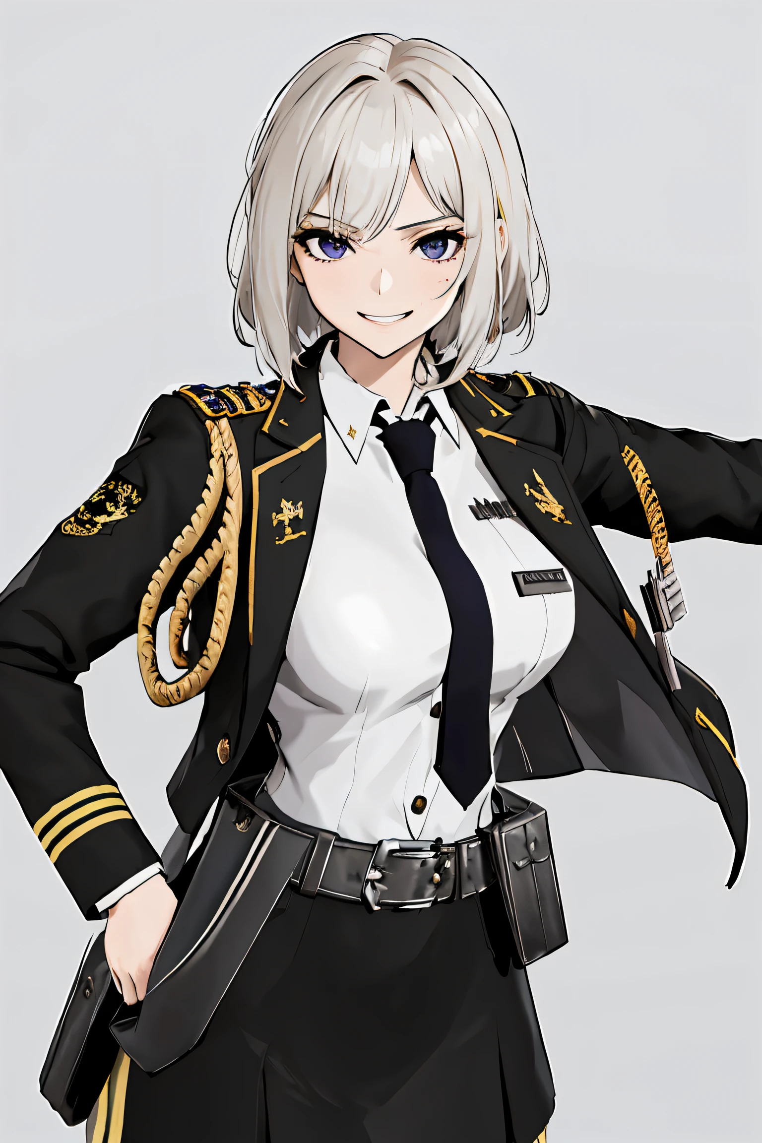 (absurdres, 8k, 4k, masterpiece, hyper extreme detailed:1.2), solo, 1girl, front view, perfect face, 1girl, portrait, expressive eyes, looking at viewer, solo, standing, Female, toned body, mature female, large breasts, pale, platinum blonde hair, short hair, dark blue eyes, swept bangs, athletic body, stoic, warrior, battle, wind, windy hair, moving hair, moving clothes, Dark Brown Skirt. White Shirt, Tan Trench Coat, German, Medals, Military, army, battle worn, confident, scars, hand to hip, medals, necklace, purple ribbon, messy hair, confident, smirk, smile, happy, heroic, anime character military woman military uniform military officer, hand on hip, perfect anatomy, messy hair, wild hair