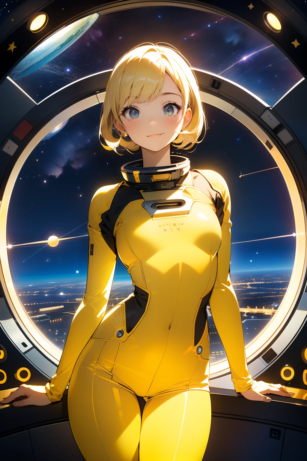 (masterpiece, best quality:1.2), (cowboy shot:1.1), solo, 1girl, mori yuki, slight smile, closed mouth, looking at viewer, blonde hair, thigh gap, yellow bodysuit, skin-tight, yellow gold, side view, perfect body, large window, (starship porthole:1.3), from front, (spread legs:1.3), (standing:1.1), thigh gap, perfect hands, bright starship interior, (outer space view:1.1), (orbital view:1.3), (night, stary sky:1.5), milky way