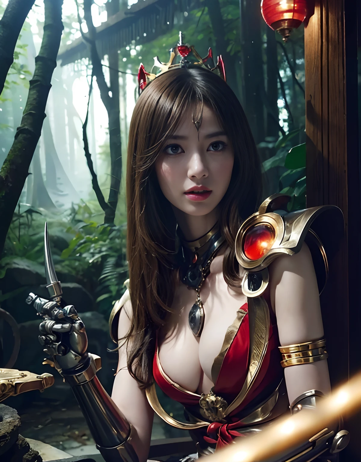 (1 Mechanical Girl)、top-quality、​masterpiece、超A high resolution、(Wearing a crown made of jewels),(Photorealsitic:1.4)、Raw photo、女の子1人、Golden hair、glowy skin、(((1 Mechanical Girl)))、（Realistic dragon background）、（White Dragon Armor）、With a beautiful knife、（Blue Metal Bodysuit）、(beautiful forest background)、Precipitous cliffs、(Small LED)、((super realistic details))、portlate、globalillumination、Shadow、octan render、（One-Eyed Scouter）、With a laser knife、There are goblins、8K、ultrasharp、Colossal tits、Raw skin is exposed in cleavage、metals、Details of complex ornaments、Japan details、highly intricate detail、Realistic light、CGSoation Trends、Red Eyes、radiant eyes、Facing the camera、neon details、(Mechanical limbs)、(blood vessels connected to tubes)、Mechanical vertebrae attached to the back、mechanical cervical attaching to neck、(Wires and cables connecting to the head)、Gundam、Small LED、,Mechanical thighs、Toostock、（Hands are also made of machines）、