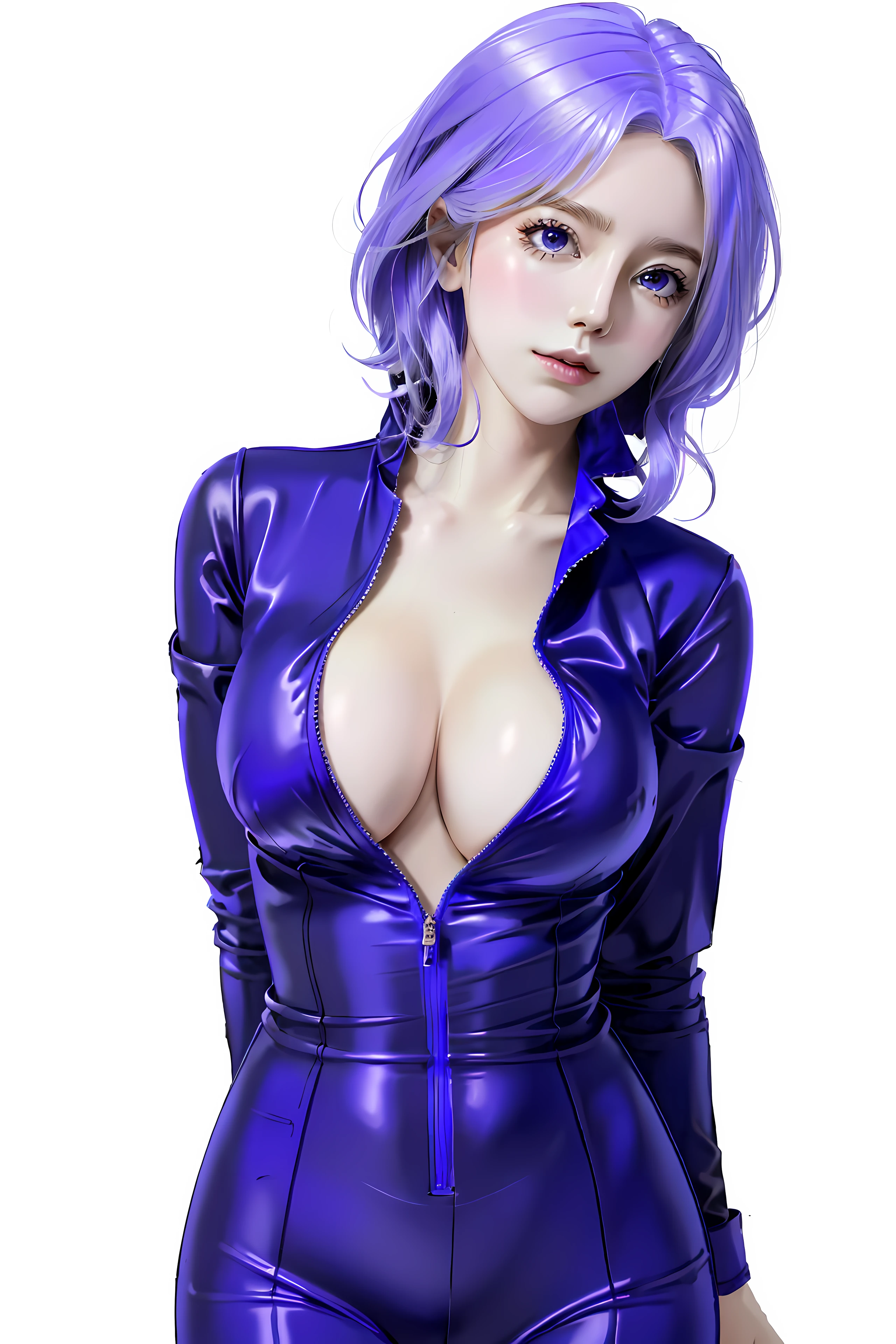 latex bikesuit, (1girl:1.5), (large breasts: 1.2), solo, cleavage, large breasts, blonde hair, looking at viewer,  white background, purple eyes, simple background, arms behind back, cowboy shot, white hair, bob cut, full-length zipper, open clothes, open chest