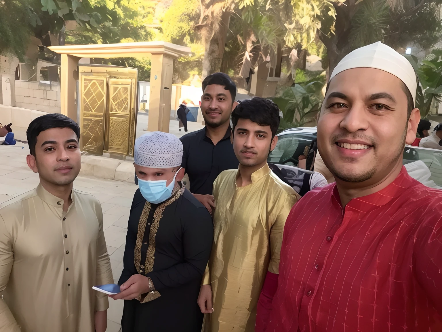 several men standing in a line in front of a masjid al aqsa, facebook post, very clear picture, hd picture, candid picture, riyahd cassiem, very very high quality picture, a picture, profile pic, photo taken in 2 0 2 2, selfie photo, competition winning, profile picture, in group photograph, wonderful masterpiece, profile picture 1024px, eid mubarak, happy boys,clear image, ultra realistic