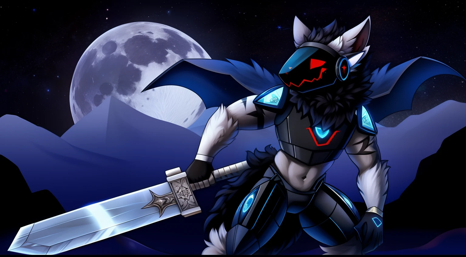 Protogen, pelaje suave color negro, cuerpo detallado, pose de pelea ,cielo oscuro, estrellas, luna llena, anochecer,ojos rojos, cara enojada,solo, wielding a giant great sword