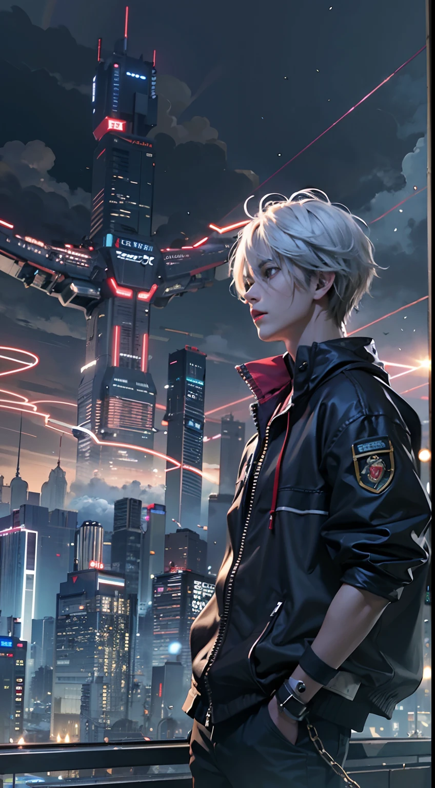 1boy,(a  boy:1.5)、Anime-style protagonist、Cyberpunk Boy、Black attire、silber hair、machine gun、chains、Whole body bloody、The beginning of the adventure、Lots of clouds,heavy fog、lightning、Moon,Chaotic city of the future、dystopian、Dim lighting、Chaotic、Beautiful and fantastic scenery、Cinematic scenery、hightquality、masutepiece,in 8K、hight resolution、