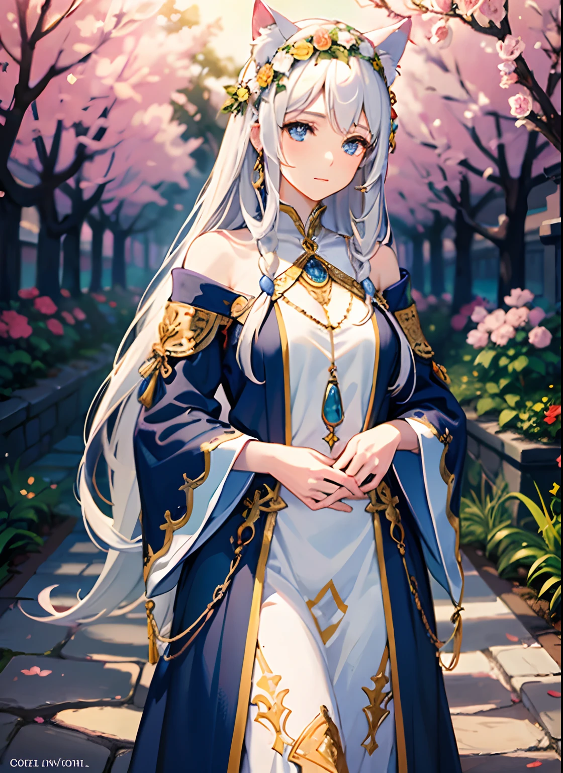 with intricate patterns,Cat-eared priestess, standing in a serene garden. She is wearing a flower crown and holding a beautifully decorated staff with intricate patterns. The girl has long flowing white hair and captivating blue eyes. She has a peaceful expression on her face as she is deep in prayer. The garden is filled with vibrant and sunlit flowers, creating a tranquil atmosphere. The scene is surrounded by a divine radiance and a gentle glowing ambiance. The overall color palette is subtle and ethereal, with a touch of sunset hues. The artwork is of the highest quality, with ultra-fine details and a realistic, photorealistic rendering. The image showcases the beauty and tranquility of a girl, a nature, and a sacred moment.