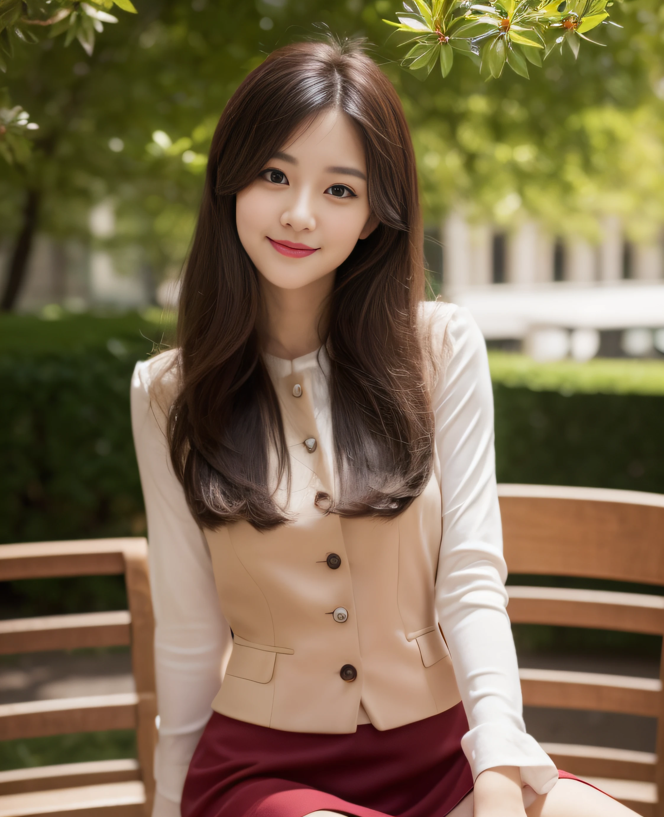 ((Top quality, 8K, Masterpiece: 1.3)), Beautiful girl, Pure, Melon face, Kind and cute, Sweet smile, Pure desire, Slender body, (Front), (Tilted head), ((Looking at camera) ), burgundy color ((suit and short skirt)), black silky long hair, long flowing shoulders, round black big eyes, clear big eyes, moist red lips, sweet, sitting on a chair, in the park Terrace background, (((waist shot))),