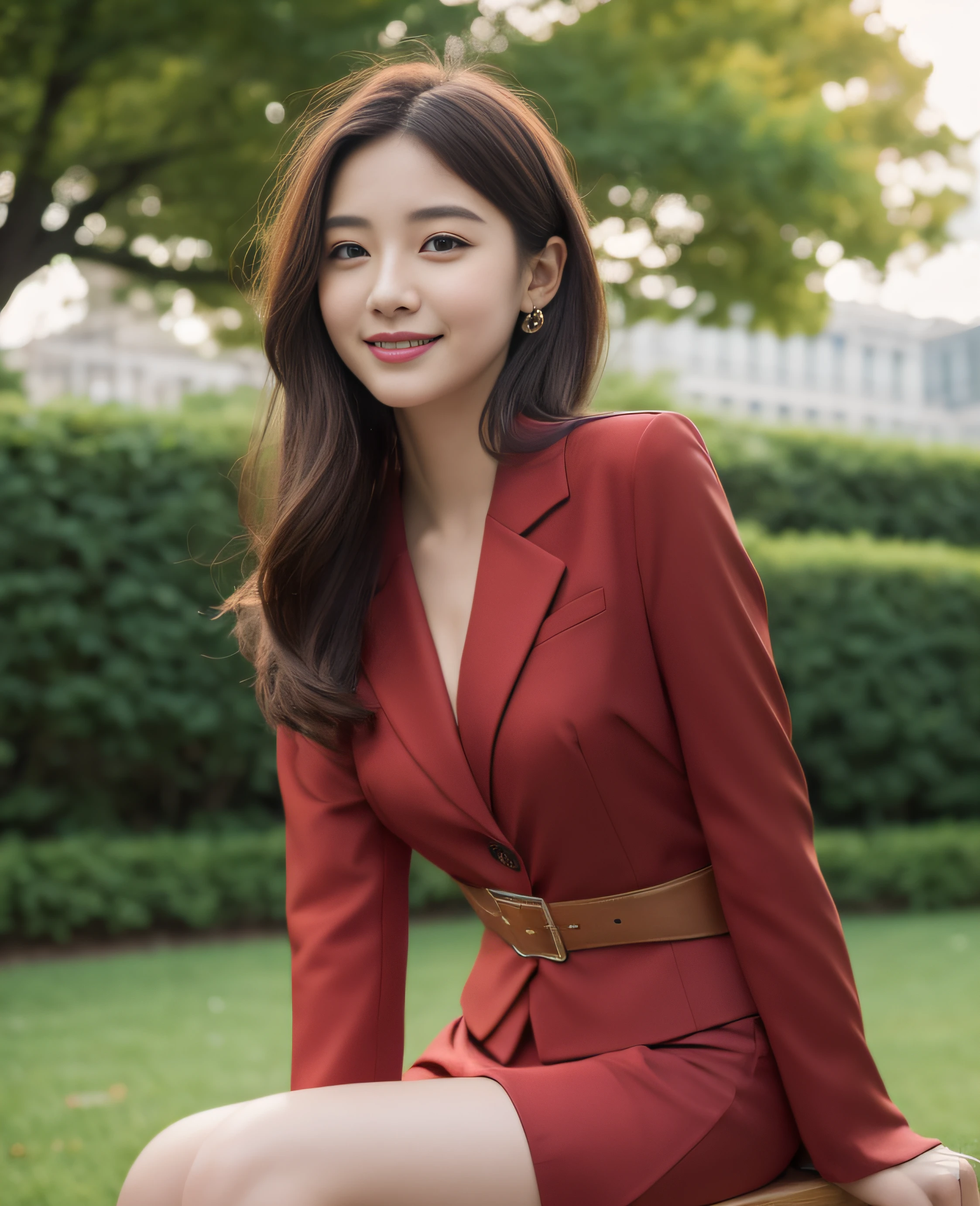 ((Top quality, 8K, Masterpiece: 1.3)), Beautiful girl, Pure, Melon face, Kind and cute, Sweet smile, Pure desire, Slender body, (Front), (Tilted head), ((Looking at camera) ), burgundy color ((suit and short skirt)), black silky long hair, long flowing shoulders, round black big eyes, clear big eyes, moist red lips, sweet, sitting on a chair, in the park Terrace background, (((waist shot))),