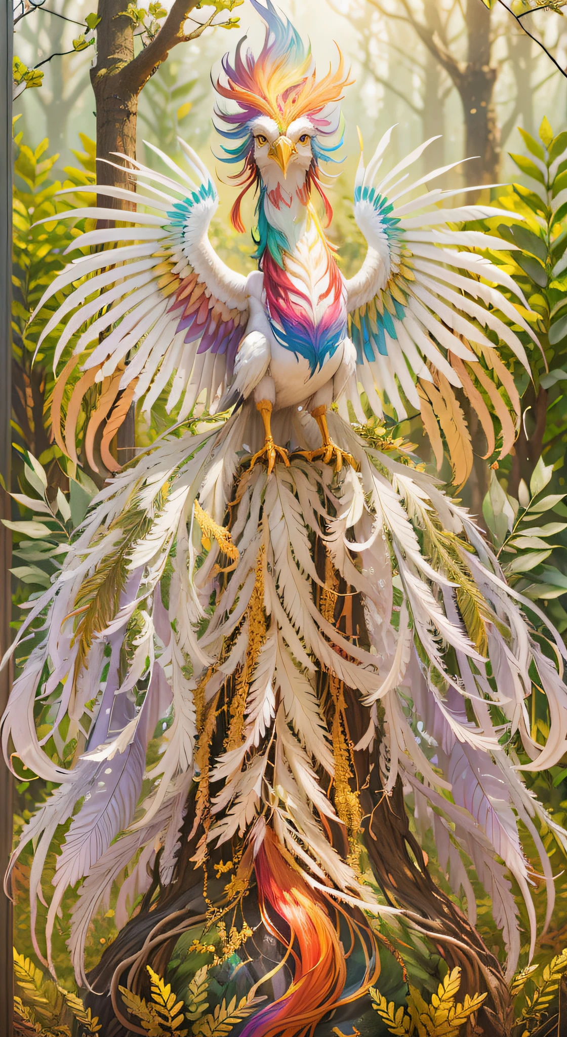 A Mystical rainbow phoenix with large rainbow feathers Within a Forest with a Golden Tree in the background