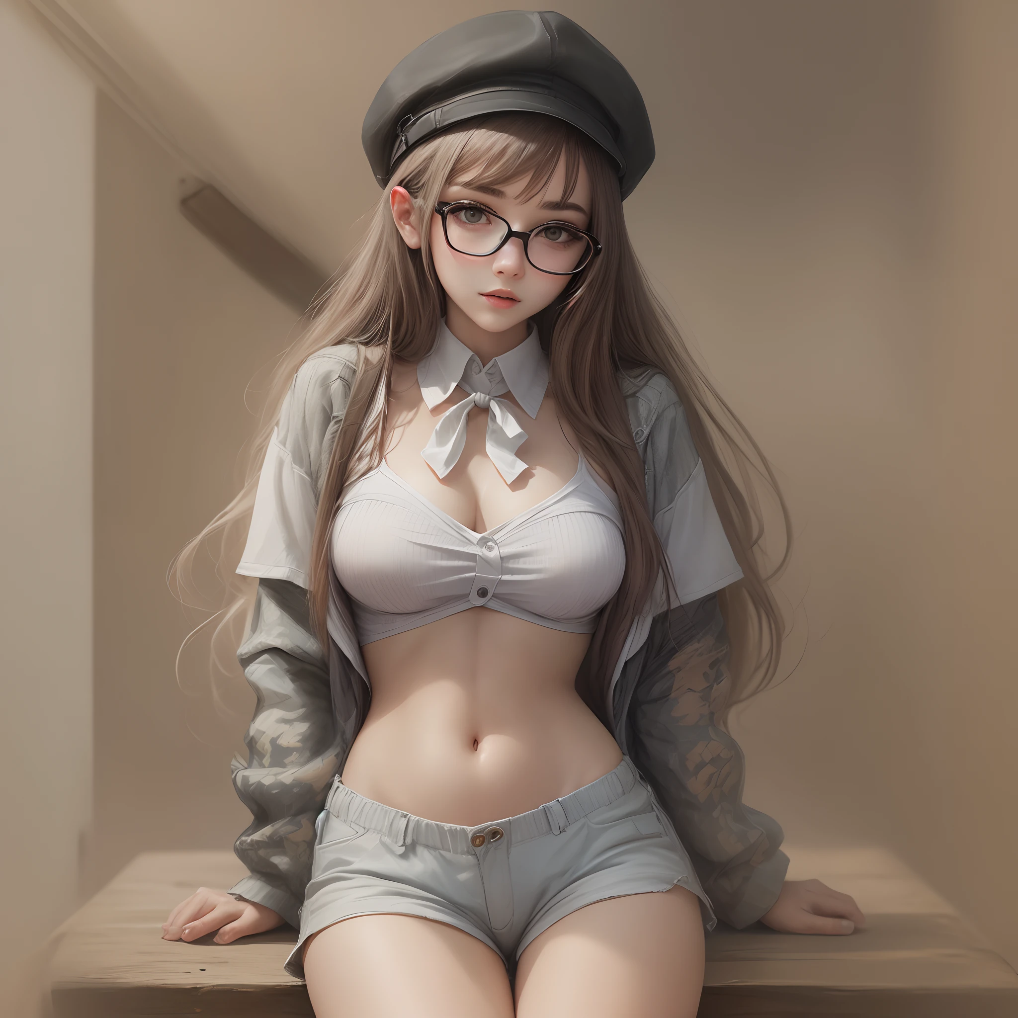 eye glasses、flat chest、highleg、The whole body can be seen from directly below、Delicate body、Gold Ponytail、Beautiful open legs、Parka