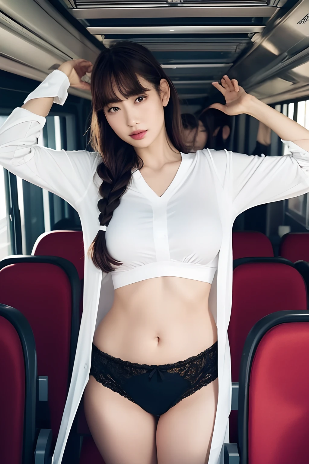 Knee up, masutepiece, Best Quality,8 girls on the bus,(5 people standing:1.2),Standing,Teenage, Looking at Viewer,l Group shot, harems,nffsw,Retro white underwear,  (pantiy),Realistic,Tennis Wear ,(Looking back, ass grab:0.9),(Beautiful eyes:1.3),frombelow,From below,Kinney,(skinny:1.2) ,thick thighs, Long body, novel illustration,(Smelly eyes:0.5),closed curtains,(shirts lift,lifted by self:1.5) ,Dark Persona.Skirt lift front,(Panties:1.3)、Bend your right leg、Braids、From  above,