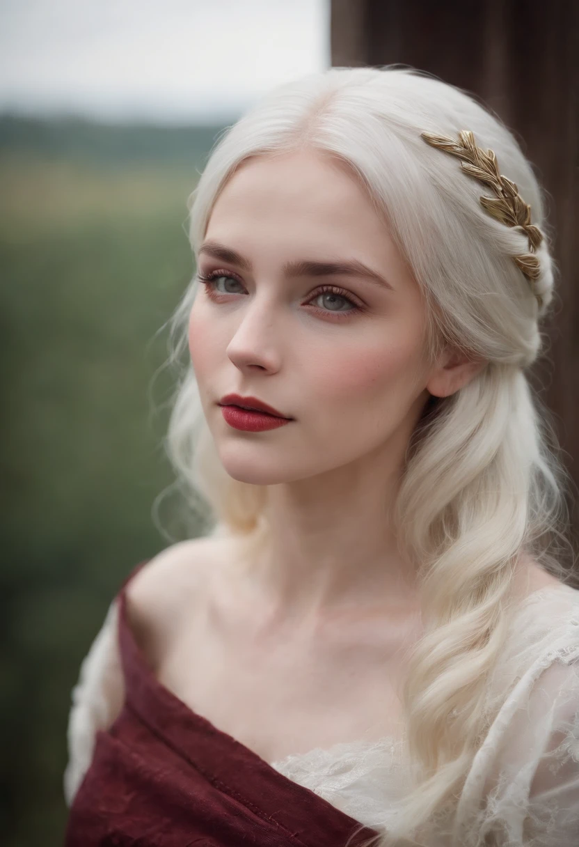 (((a deep reddish wound crosses her left cheek))) fair complexion, woman around 19 years old, natural white hair, distinctive green eyes, wearing kohl, slender and graceful, beautiful, candlelight in a medieval setting, ultra sharp focus, realistic shot, medieval female clothes, tetradic colors (scar:1.4)