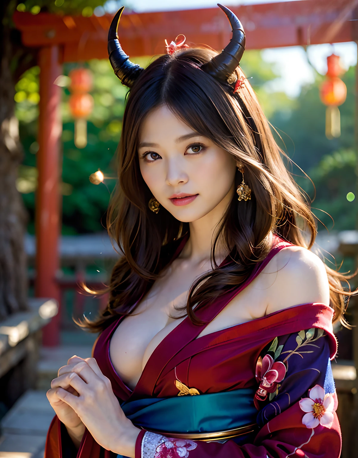 (((masutepiece,))),Professional , masterpiece、top-quality、photos realistic , depth of fields 、Raw photo、1a person、glowy skin、(sexypose)、(Red maple on full bloom background),(Ultimate Beauty)、A dark-haired、Mystical expression、ultrasharp、(a temple background),(Red torii gate)、(shrine background)、(Kimono with beautiful pattern of rainbow colors)、(Night background)、Beautiful hair ornament on the head、,(intense fighting),((Precipitous cliffs)),(Wear a beautiful colorful kimono),(Wear a colorful and beautiful kimono)、(Japan Castle Background)、Jewel Gold Weapon、Particles of light),(intense fighting)、Gorgeous gold weapons ,Castle background、(( Gorgeous Dragon Sword)) , (a dark night),,(maikurobikini) 、((Black Haired Beautiful Girl))、(Castle background)、(demonic wings)、((Gangle's forest background))、Beautiful Caucasian beauty、1a person、dynamic ungle,(((Two devil's horns on the head)))、Smaller head、Idle Smile、Thin and beautiful female hands、Mystical expression、Light Effects、intense fighting、Wind-effect、magic circles、With the legendary magic wand、Dragon's tail、Anatomically correct fingers、Full Body Angle、Anatomically correct number of fingers、Full Body Angle、(cleavage of the breast)、
