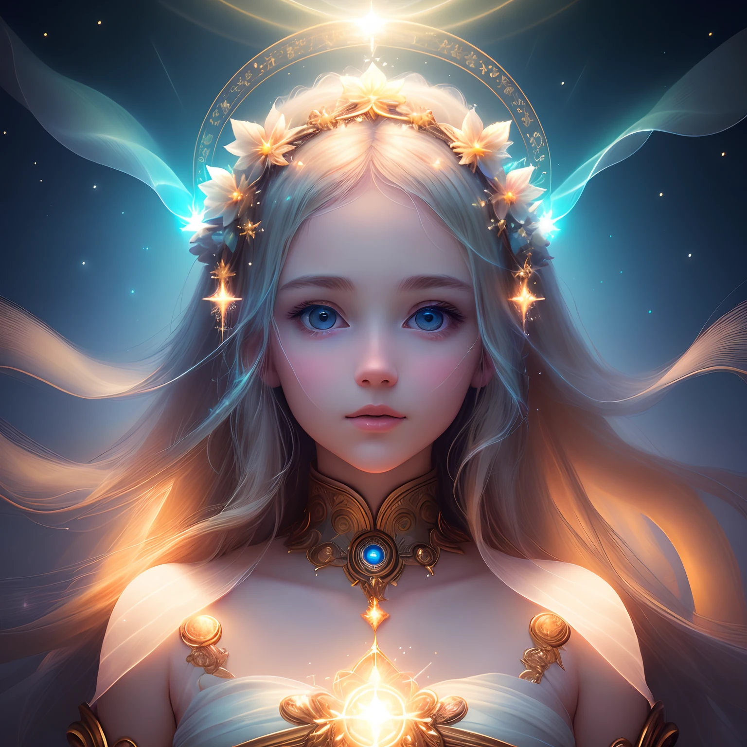 ((best quality)), ((masterpiece)), ((realistic)), portrait,
1girl, celestial, deity, goddess, light particles, halo, looking at viewer,empty,
(bioluminescent:0.95) ocean, bioluminescent, vibrant, colourful, color, (glowing, glow),
(beautiful composition), cinematic lighting, intricate, (symmetrical:0.5), whimsical,