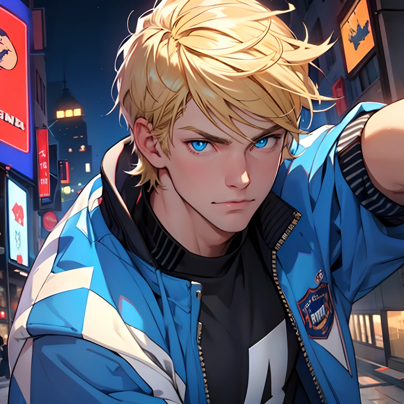 Man, Caucasian, glowing blue eyes, letterman jacket outfit, blonde hair, cute face