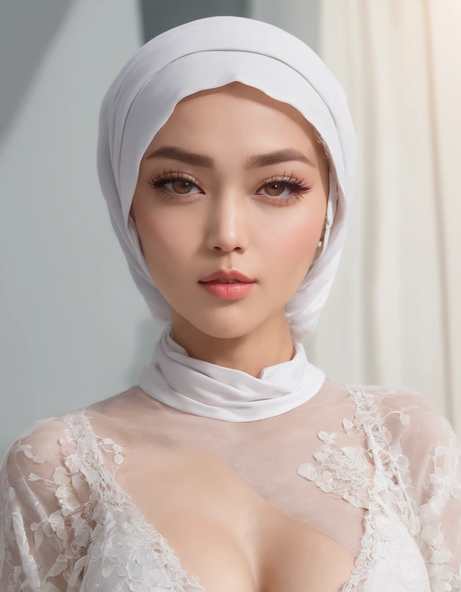 Erotic, beautiful girl, sex, +18, pashmina hijab, white hair, wrapped in a white towel covering part of her breasts