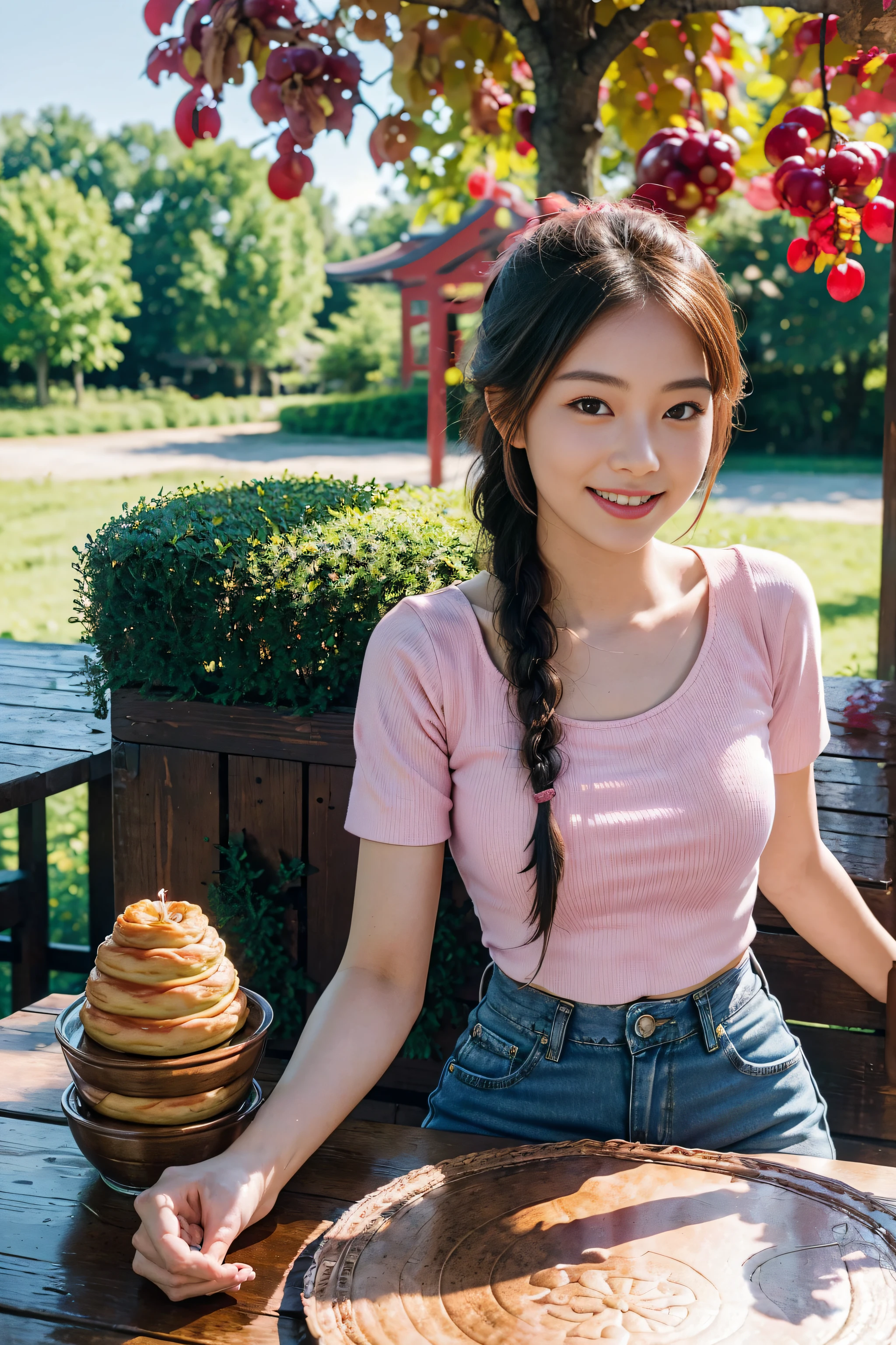 (Best quality, Complex details: 1.2,Realistic:1.2) ,A girl\(23 years old\),[Liu Yifei:0.9],(pink top bank:1.2),(Extra-short denim shorts)，(farmhouse:1.2),tree,Red leaves,autumn,bare braid,kind smile,siting,chinese moon cake on the table,white skin,