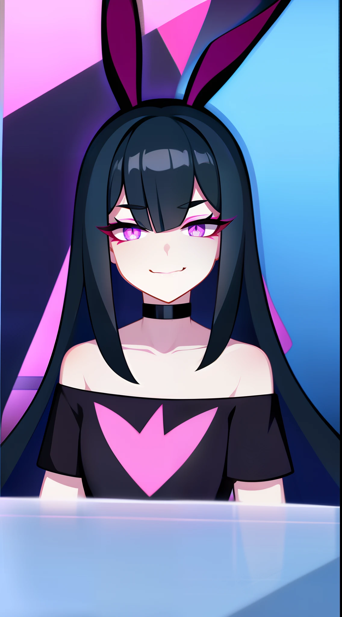 young girl, long dark blue hair, bunny ears, pink eyes, black lipstick, black eye shadow, smirk, tshirt, Short shorts, Masterpiece, hiquality, 4k, HD, Good detail