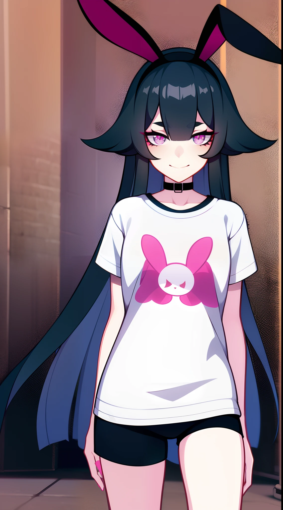 young girl, long dark blue hair, bunny ears, pink eyes, black lipstick, black eye shadow, smirk, tshirt, Short shorts, Masterpiece, hiquality, 4k, HD, Good detail