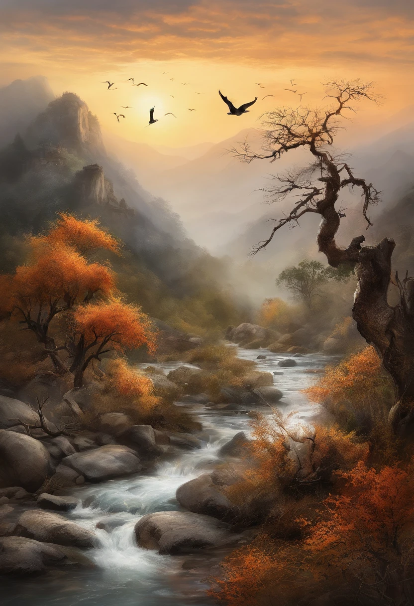RAW photo of the landscape,Dead vines, old trees, and crows,Small bridges and flowing water,Ancient road west wind thin horse,Sunset,Broken intestines are at the end of the world,Inspired by the Tang dynasty poet Ma Zhiyuan,small detailed,realisticlying,Ultra-realistic photos,8K UHD,Digital SLR,softlighting,high high quality,filmgrain,Fujifilm XT3,(tmasterpiece)