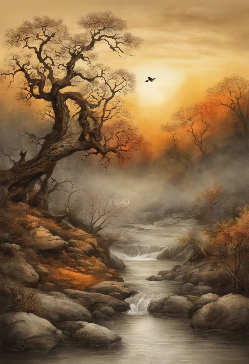 RAW photo of the landscape,Dead vines, old trees, and crows,Small bridges and flowing water,Ancient road west wind thin horse,Sunset,Broken intestines are at the end of the world,Inspired by the Tang dynasty poet Ma Zhiyuan,small detailed,realisticlying,Ultra-realistic photos,8K UHD,Digital SLR,softlighting,high high quality,filmgrain,Fujifilm XT3,(tmasterpiece)