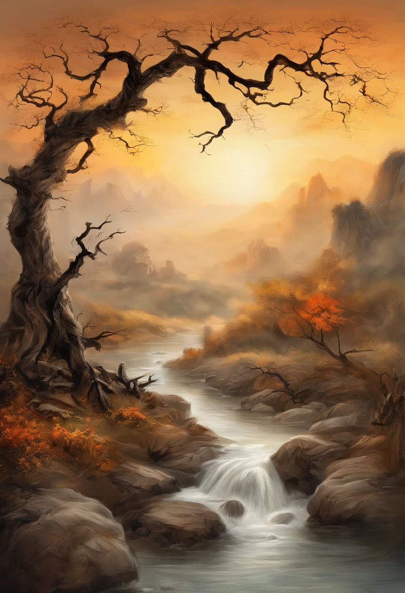 RAW photo of the landscape，Dead vines, old trees, and crows，Small bridges and flowing water，Ancient road west wind thin horse，Sunset，Broken intestines are at the end of the world，Inspired by the Tang dynasty poet Ma Zhiyuan，small detailed，realisticlying，Ultra-realistic photos，8K  UHD，Digital SLR，softlighting，high high quality，filmgrain，Fujifilm XT3，（tmasterpiece）