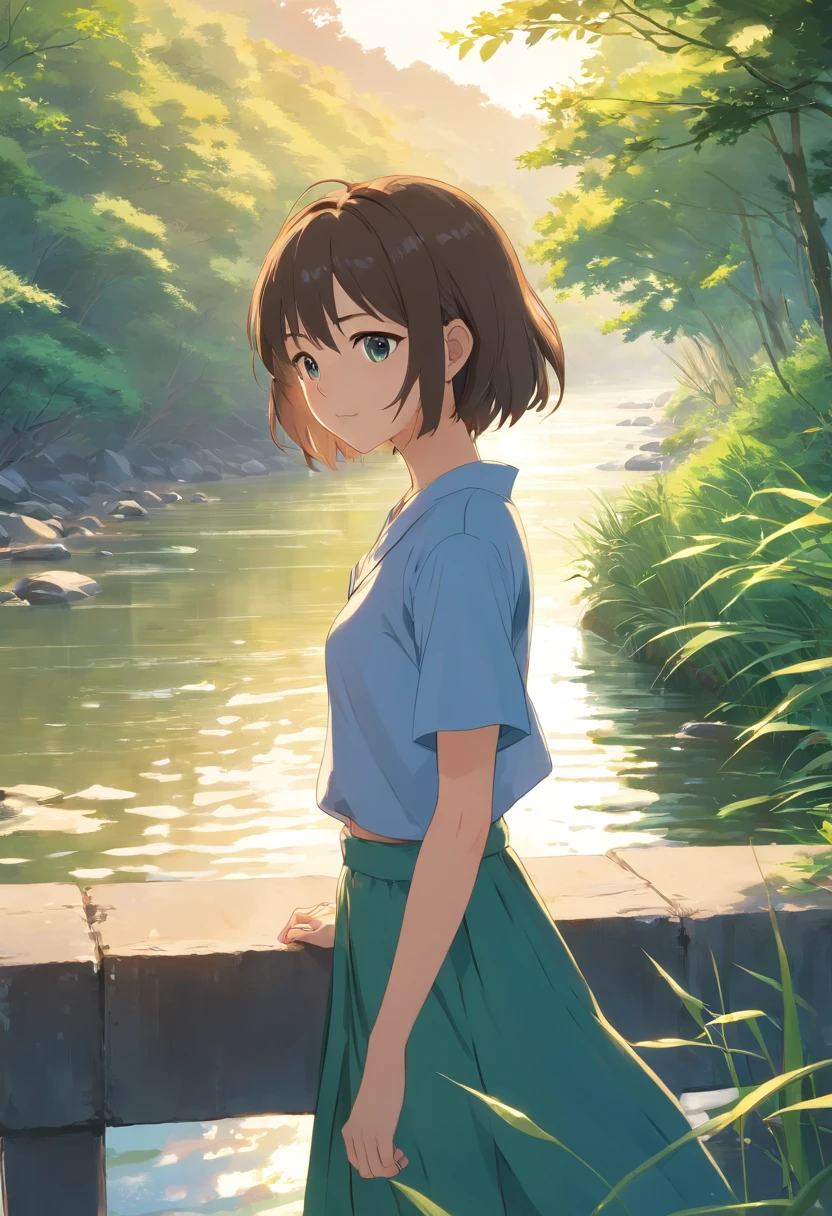 Create an AI-generated artwork in the style of Makoto Shinkai, known for his breathtaking landscapes and emotional depth. The artwork should focus on a single girl in a serene outdoor setting during the day.
The girl has medium-length hair and is standing on a bridge railing, looking down at the river below. She wears a loose-sleeved shirt and has characteristic sidelocks framing her face.
The scene is set by a peaceful riverbank, surrounded by lush greenery, reeds, and trees. The river flows gently over smooth rocks, creating a calming and reflective atmosphere. Ensure that the lighting and colors capture the essence of Shinkai's signature style, emphasizing the beauty of the natural scenery.