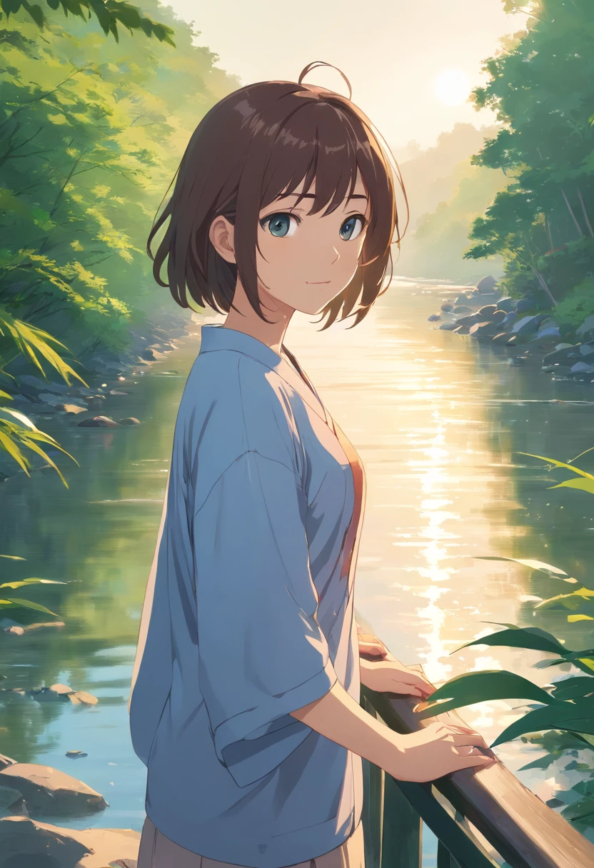 Create an AI-generated artwork in the style of Makoto Shinkai, known for his breathtaking landscapes and emotional depth. The artwork should focus on a single girl in a serene outdoor setting during the day.
The girl has medium-length hair and is standing on a bridge railing, looking down at the river below. She wears a loose-sleeved shirt and has characteristic sidelocks framing her face.
The scene is set by a peaceful riverbank, surrounded by lush greenery, reeds, and trees. The river flows gently over smooth rocks, creating a calming and reflective atmosphere. Ensure that the lighting and colors capture the essence of Shinkai's signature style, emphasizing the beauty of the natural scenery.
