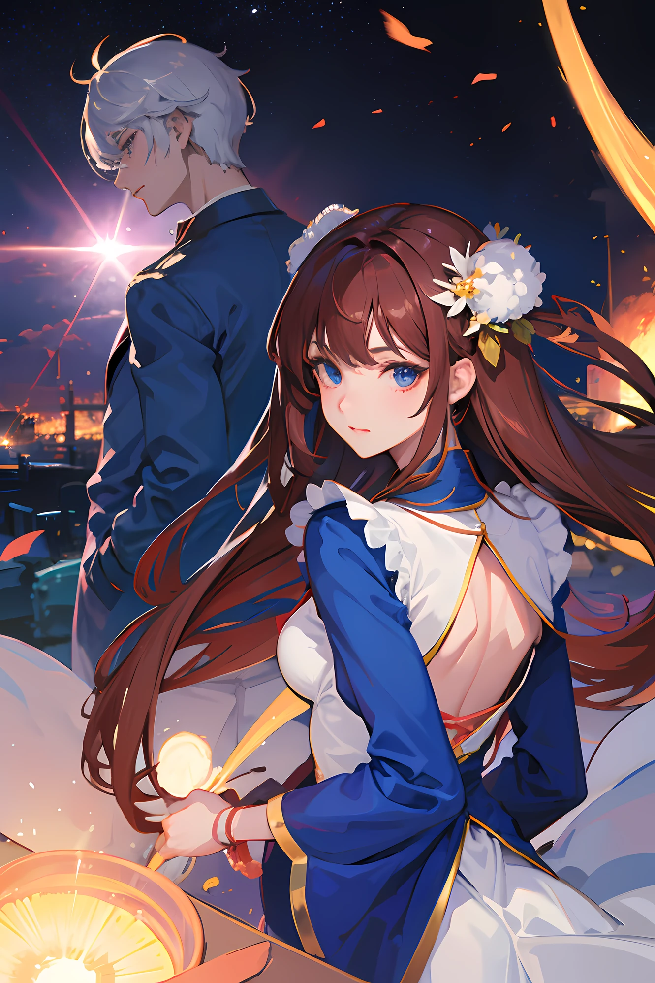 anime, 1 beautiful woman between 2 men, looking at camera, dynamic angle, wearing gundam suit