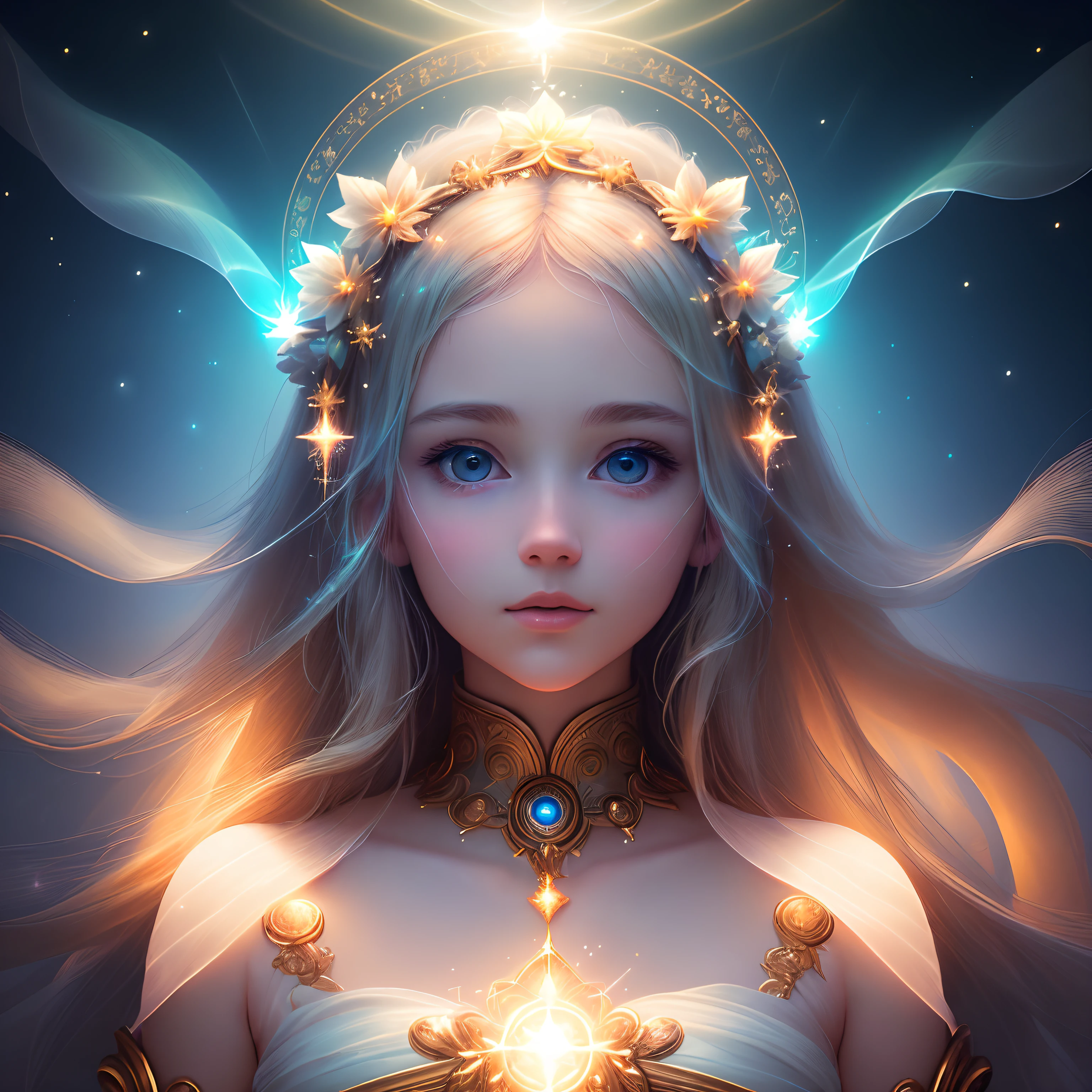 ((best quality)), ((masterpiece)), ((realistic)), portrait,
1girl, celestial, deity, goddess, light particles, halo, looking at viewer,empty, 
(bioluminescent:0.95) ocean, bioluminescent, vibrant, colourful, color, (glowing, glow),
(beautiful composition), cinematic lighting, intricate, (symmetrical:0.5), whimsical,