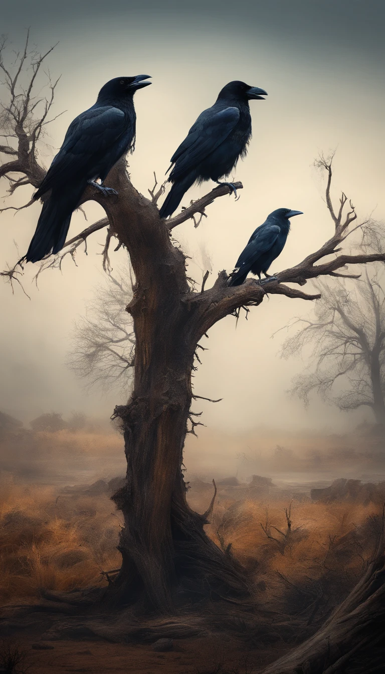 Two crows on a dead tree, A shadow shaped like a walker, Starry night, Thick fog on the ground, Blue light on the horizon, Unreal Engine 5, Cinematic, low angle photography, Motion blur, Depth of field, Dust, Cobblestones and dirt. Splash Art, dripping paint. Perfect color grading. Influenced by Karel Appel and Jeremy Mann, Full of dramatic and threatening scenes, Hyper-detailed, Beautiful, insanely details, Intricate details, editorial photography, shot with a 50mm lens, Depth of field, Tilt Blur, Shutter speed 1/1000, f/22. Lightmaps, Super bright
