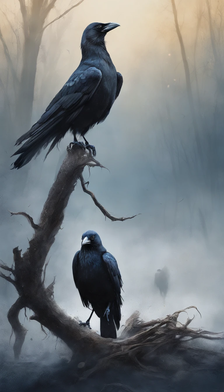 Two crows on a dead tree, A shadow shaped like a walker, Starry night, Thick fog on the ground, Blue light on the horizon, Unreal Engine 5, Cinematic, low angle photography, Motion blur, Depth of field, Dust, Cobblestones and dirt. Splash Art, dripping paint. Perfect color grading. Influenced by Karel Appel and Jeremy Mann, Full of dramatic and threatening scenes, Hyper-detailed, Beautiful, insanely details, Intricate details, editorial photography, shot with a 50mm lens, Depth of field, Tilt Blur, Shutter speed 1/1000, f/22. Lightmaps, Super bright