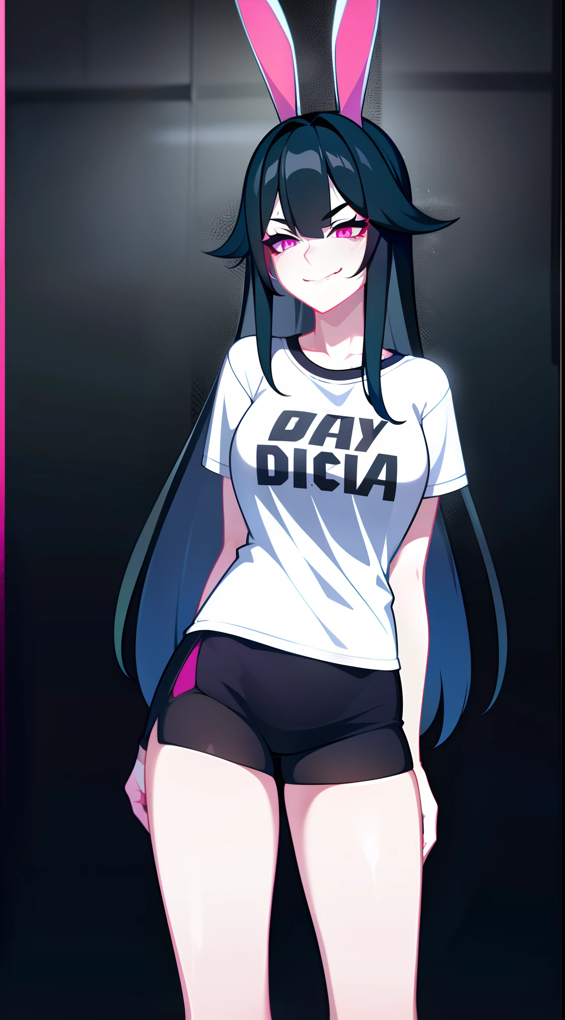 young girl, long dark blue hair, bunny ears, pink eyes, black lipstick, black eye shadow, smirk, tshirt, Short shorts, Masterpiece, hiquality, 4k, HD, Good detail