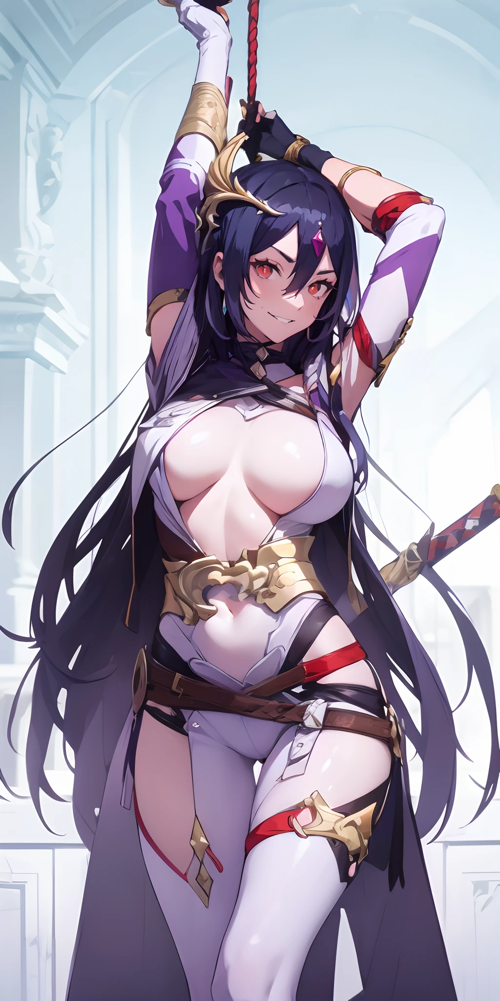 senti, silver hair, red eyes, hair ornament, multicolored hair, long_hair, 1girl, gloves, breasts, long_hair, large_breasts, bodysuit, yellow_eyes, purple_hair, black_gloves, solo, very_long_hair, blush, belt, looking_at_viewer, bangs, arms_up, rope, weapon, sword, fingerless_gloves, covered_navel, smile