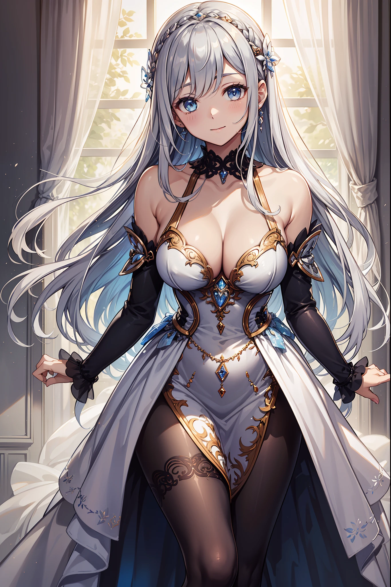 (Best quality,4K,8K,A high resolution,Masterpiece:1.2),Ultra-detailed,s girl,Enchanting,having fun,divino,(Western magic white dress),Light silver hair,eBlue eyes,see-through transparent clothes,Delicate hair accessories,Transparent lace,Sky blue texture,Late at night,exquisite costumes,Bedrooms,solo person,Carved pantyhose