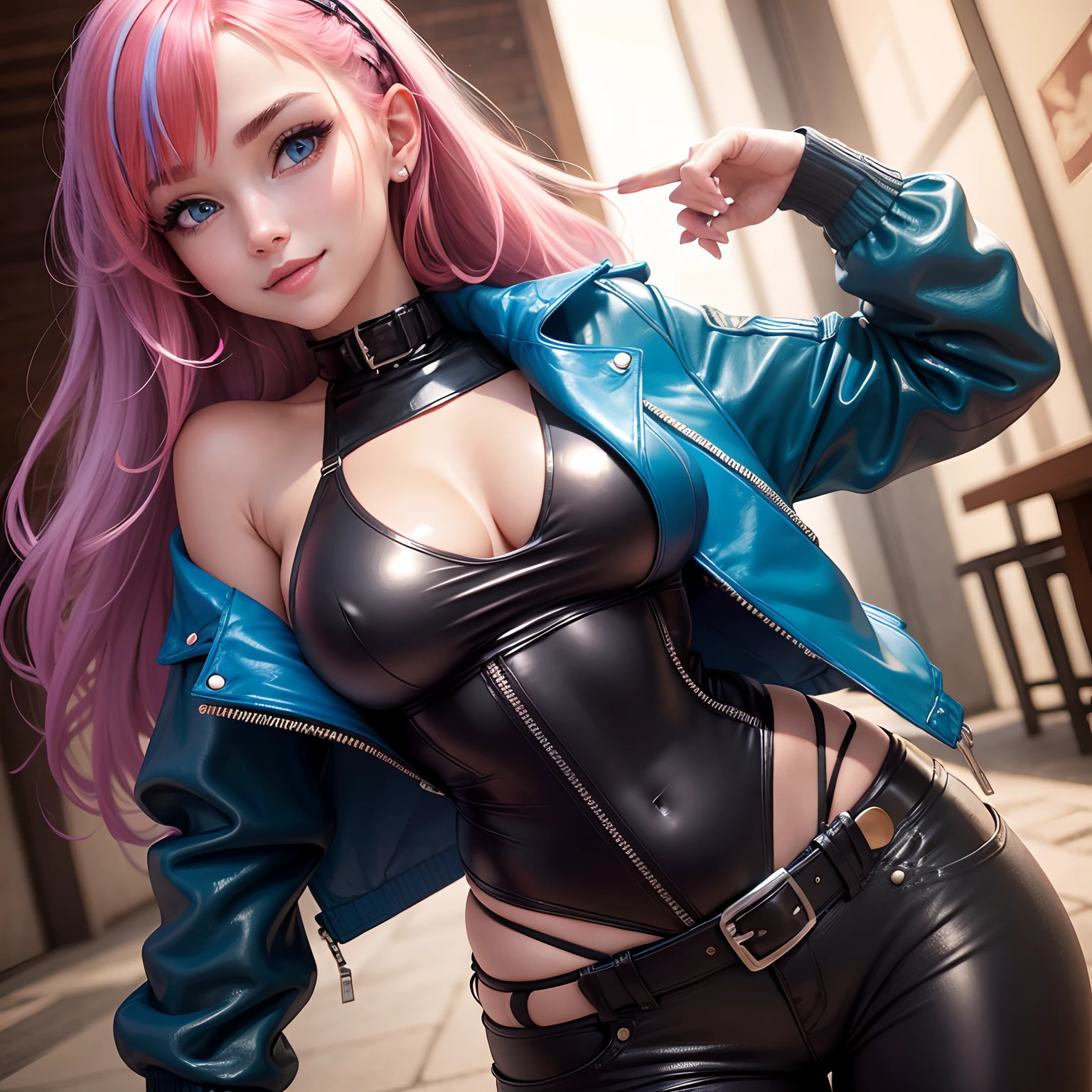 girl with，a smile，I'm wearing a leather jacket over my swimsuit.，Young girl，beautiful a girl，multicolored hair，huge tit，top-quality，超A high resolution，hyperdetailed face，super-detaild skin，blue eyess，Excellent style，Perfect facial features，girl，leather pant