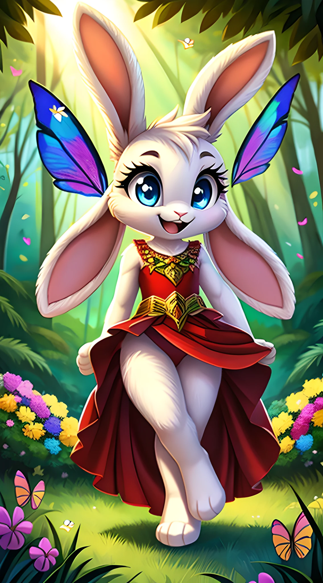 zoomed out image, fantasy style art, cute, adorable, short, tiny, little fluffy female white bunny with blue eyes, 2 extra ears, 4 ears, big floppy ears, long ears, ears perked up, raised ears, long eyelashes, poofy rabbit tail, smiling, standing on two hind feet, standing in a forest, wearing a red frilly dress, big expressive smile, open mouth, wide eyes, excited eyes, excited face, stunning visuals, sunlight coming through the trees, colorful flowers scattered in the bushes, colorful butterflies flying around, digital illustration