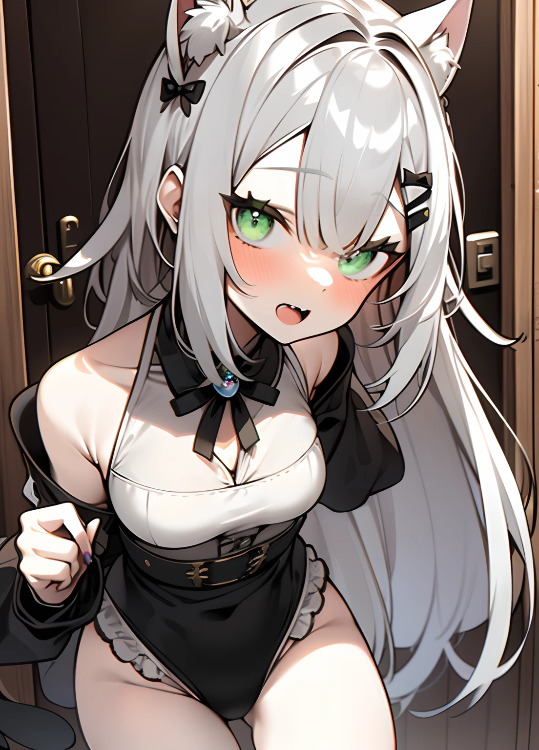 1Girl, animal_ears_fluff, animal_ears, Underarms, bangss, only_shoulder, black_heads, black_Neckwear, black_bows, blush, bodice, Cats_ears, Cats_ separation_sleeve, one-piece, eyebrows_visible_door_heads, fang, frilled_one-piece, Frills, gemstones, green_eyes, hands_al_butt, long_heads, looking_al_viewer, multicolored_heads, nail_polish, Wooden_bows, Open_mouth, viola_one-piece, bows, shirt, Simple_Background with, sleeveless, sleeveless_shirt, Solo, variegated_heads, white_heads, white_shirt, wide_sleeve