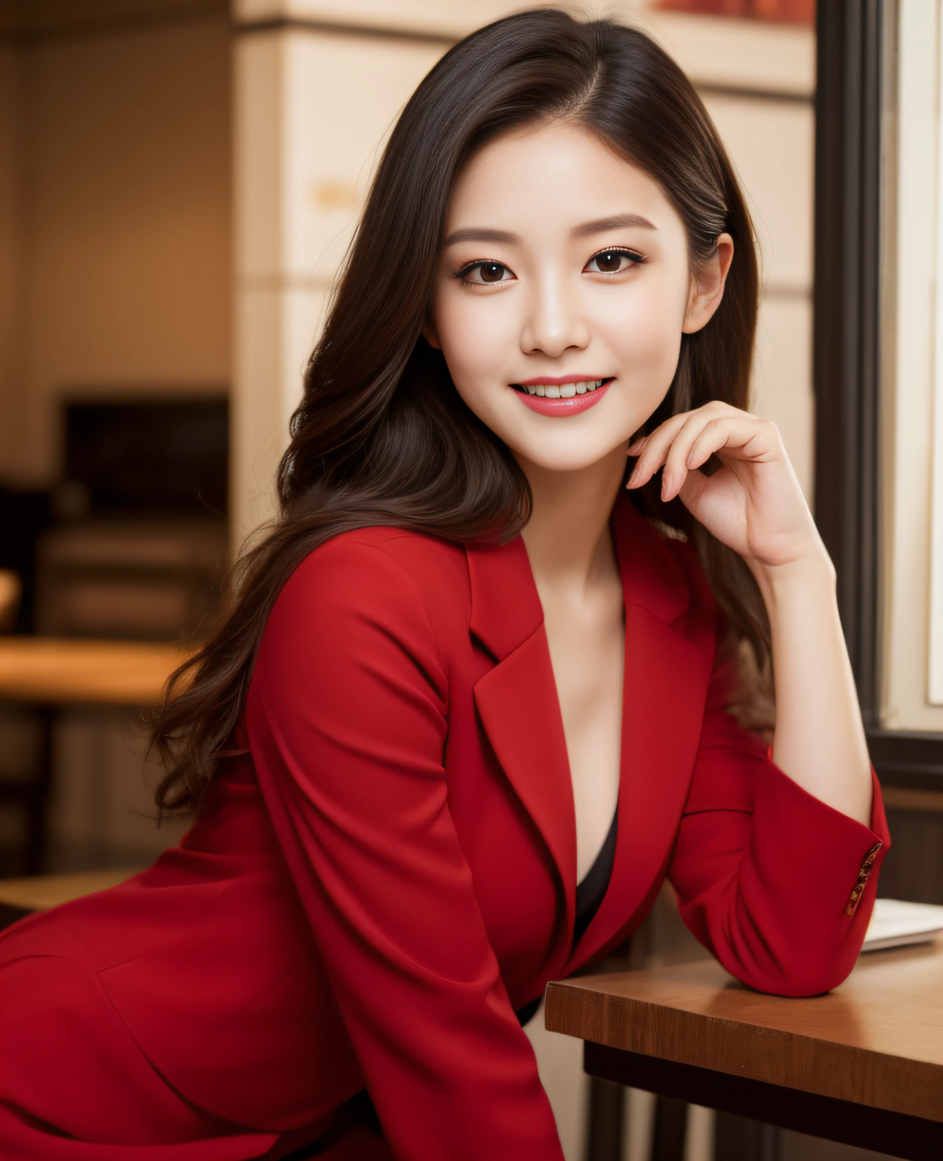 Beautiful Korean girl with good style、white and beautiful skin、short height、brown hair、bun hair、reddish brown eyes、slanted eyes、thin eyebrows、thick lips、smile、fancy clothes、Fashion Model、brick background、
